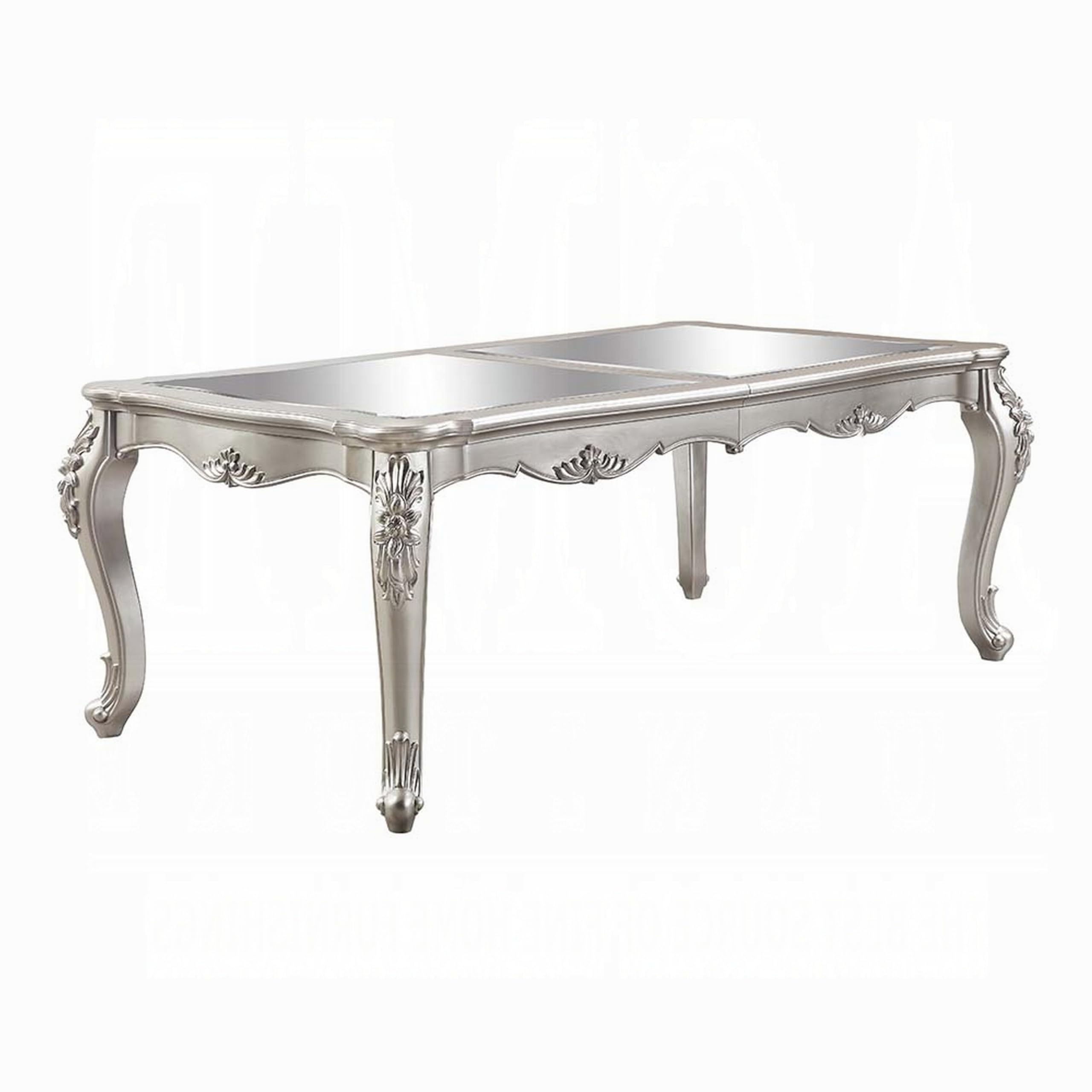 Bowe Dining Table, 80-96 Inch, Mirrored, Classic Champagne Silver Wood