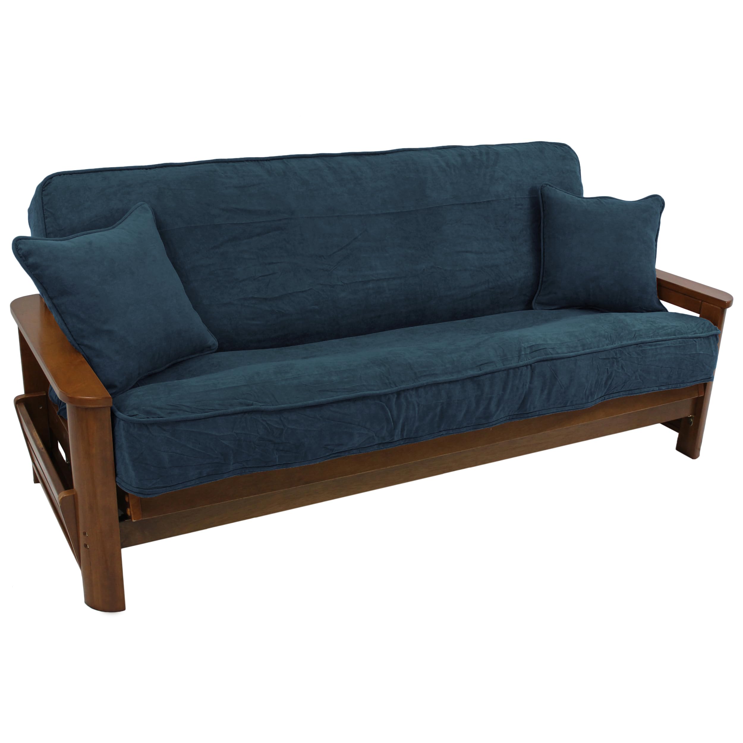 Solid Microsuede Double Corded 8 to 9-inch Full Futon Cover Set with Two 18-inch Throw Pillows (Set of 3) - Indigo