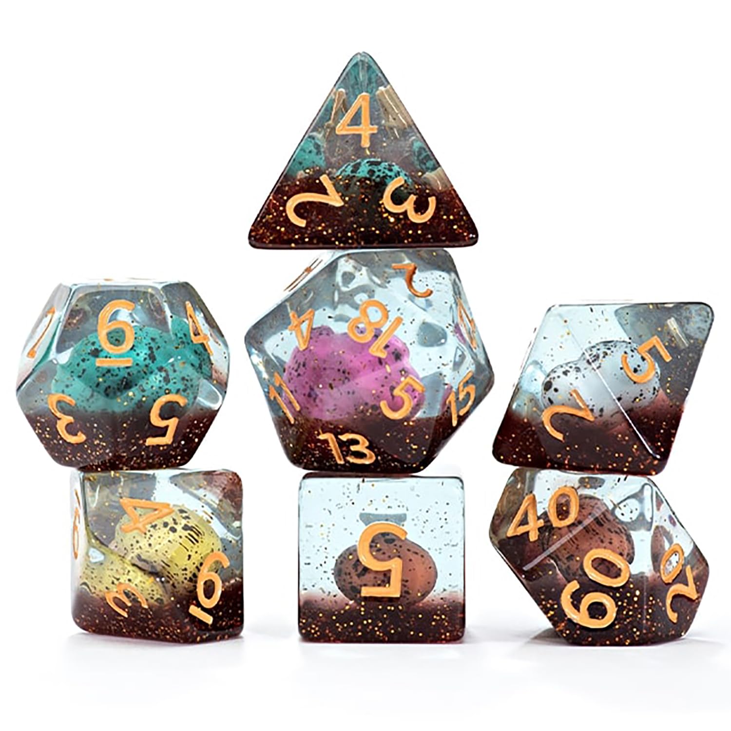 Gate Keeper Games and Dice: Inclusion Dice: Dinosaur Eggs - 7pc RPG Set, Multi-Colored Dino Eggs & Brown Glitter in Clear Resin, Role Playing Games