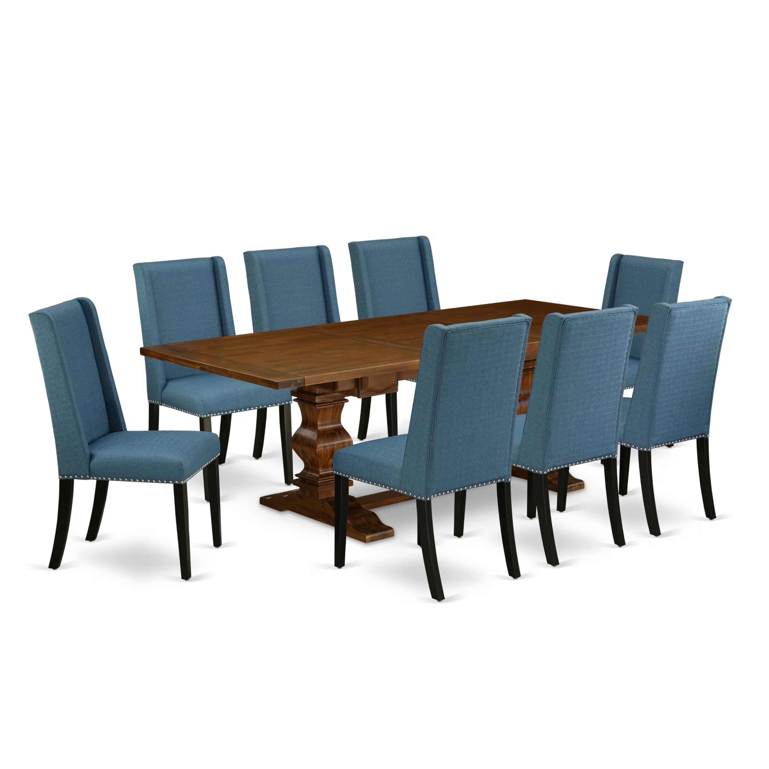9-pc dining table set with Chairs Legs and Mineral Blue Linen Fabric