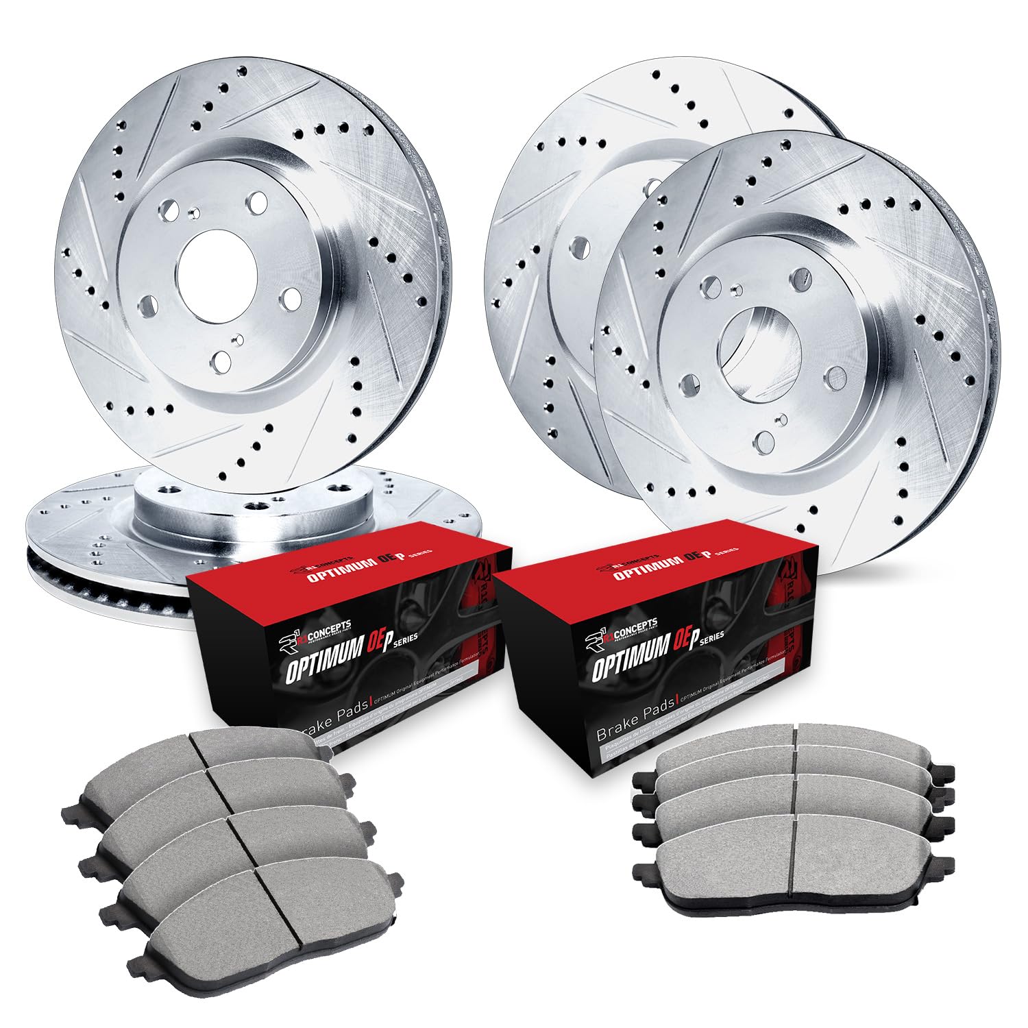 R1 Concepts Drilled and Slotted Silver Disc Brake Rotor Set with Optimum Oe Pads WGUN2-20012