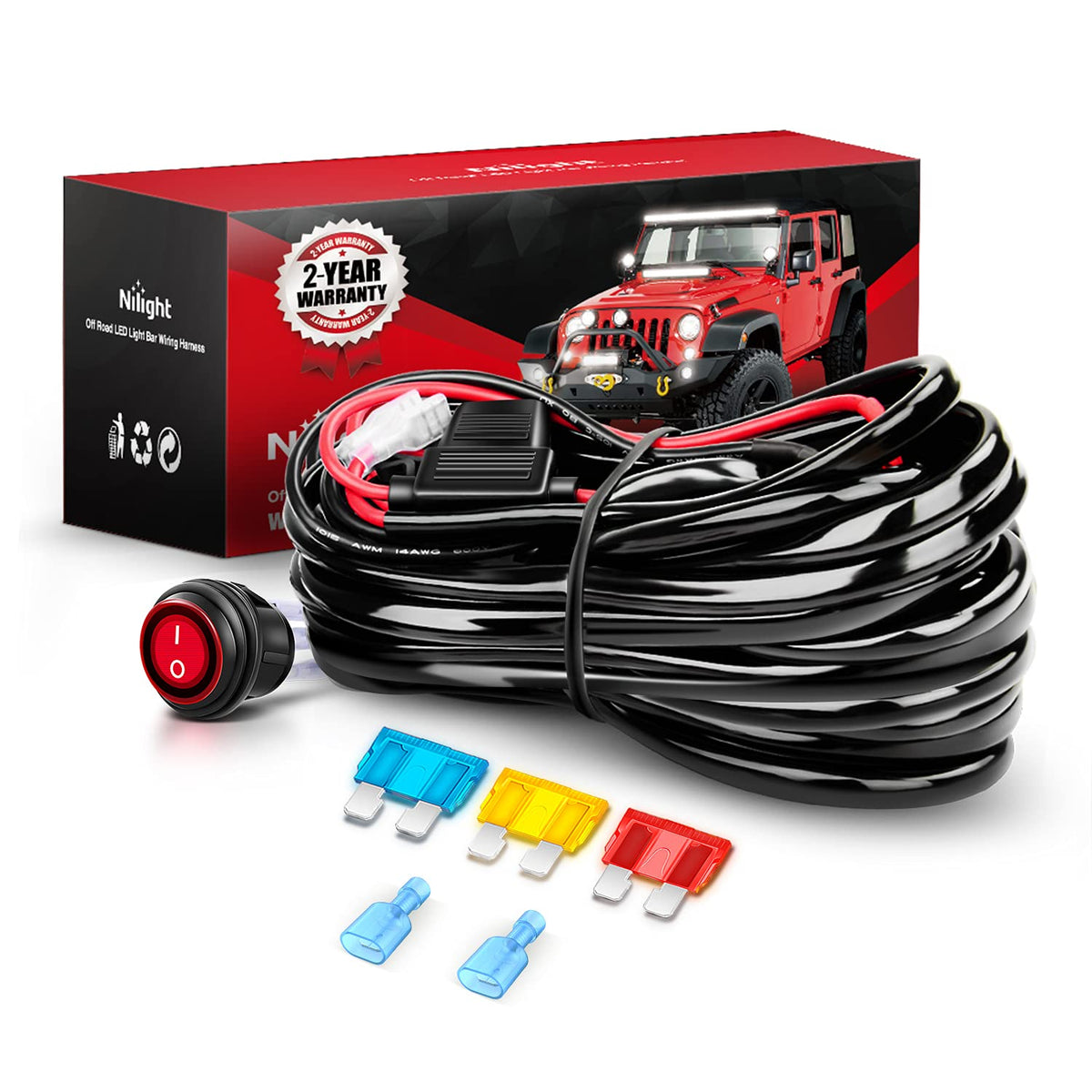 Nilight Wiring Harness Kit 14Awg Heavy Duty 12V On-Off Switch Power Relay Blade Fuse For Off Road Led Work Light Bar-One Lead,2