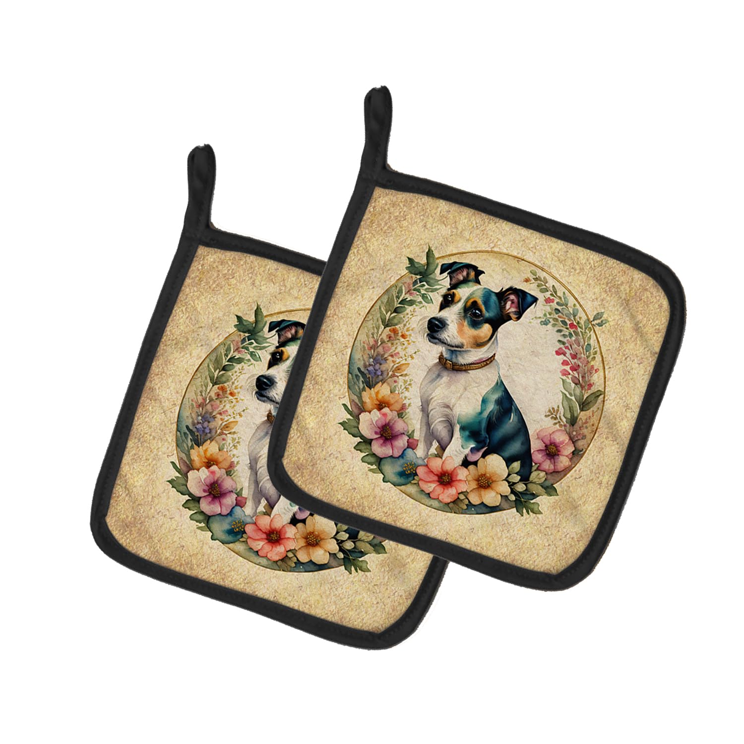 Jack Russell Terrier and Flowers Pair of Pot Holders