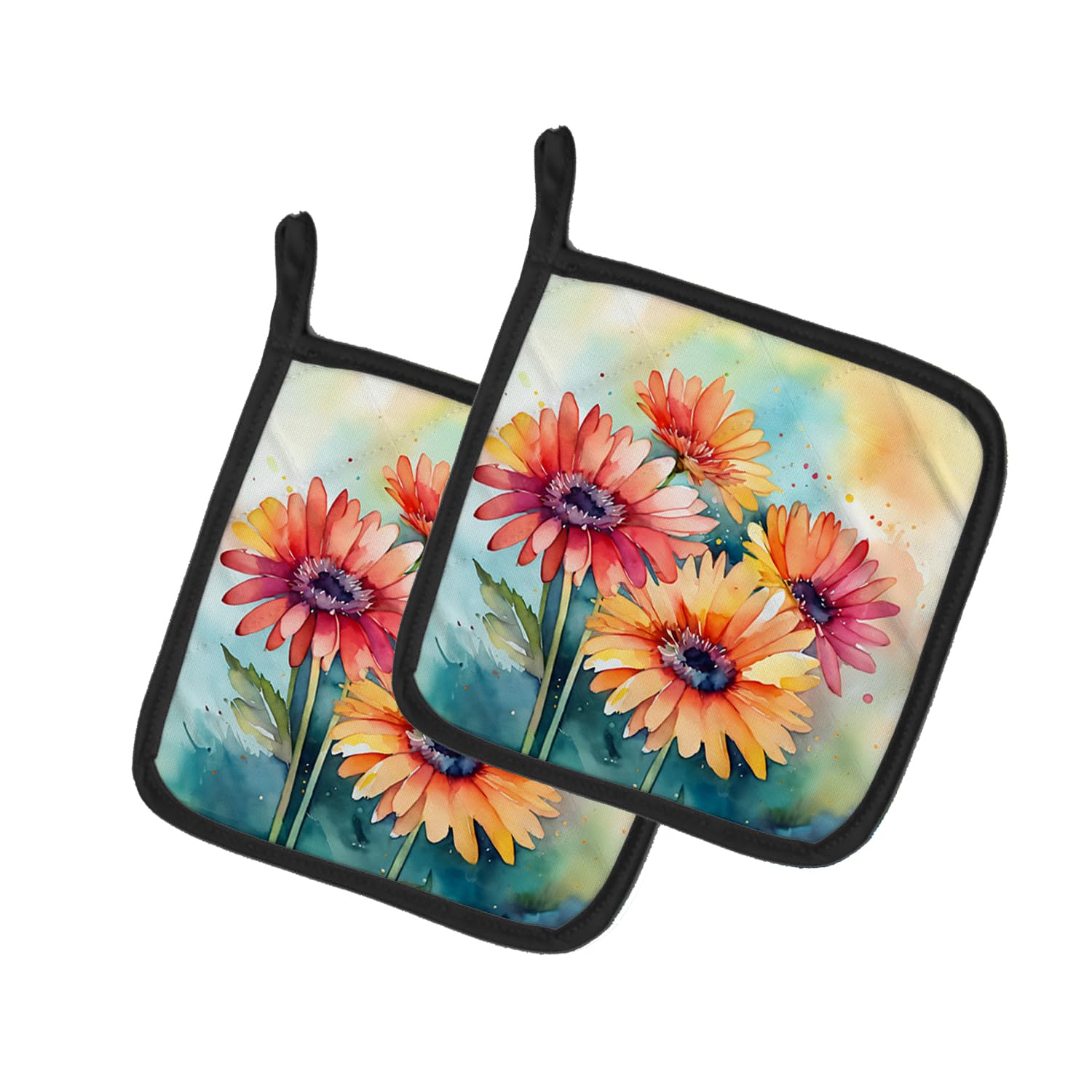Gerbera Daisies in Watercolor Pair of Pot Holders