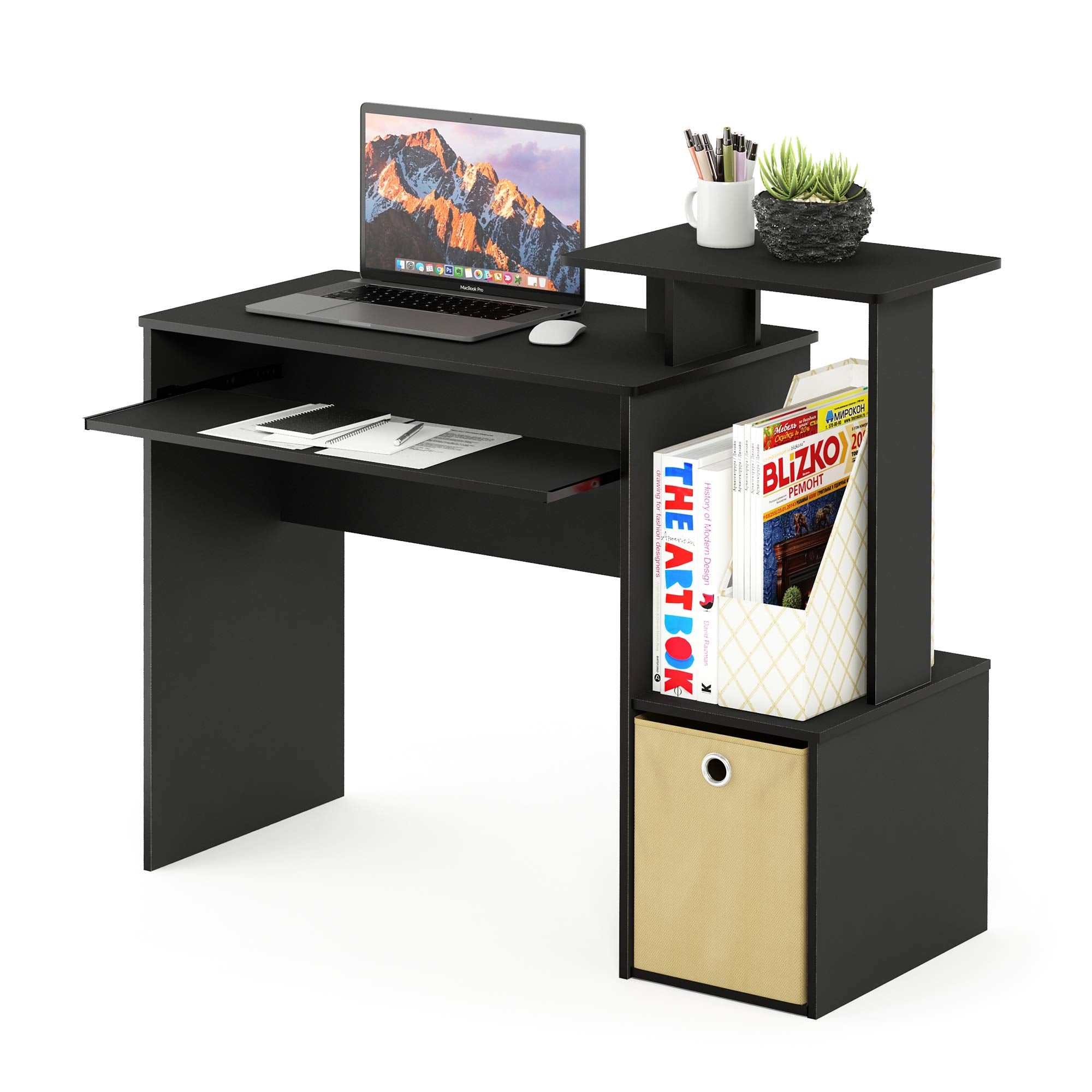 Furinno 12095BK/BR Econ Multipurpose Home Office Computer Writing Desk w/Bin, Black/Brown