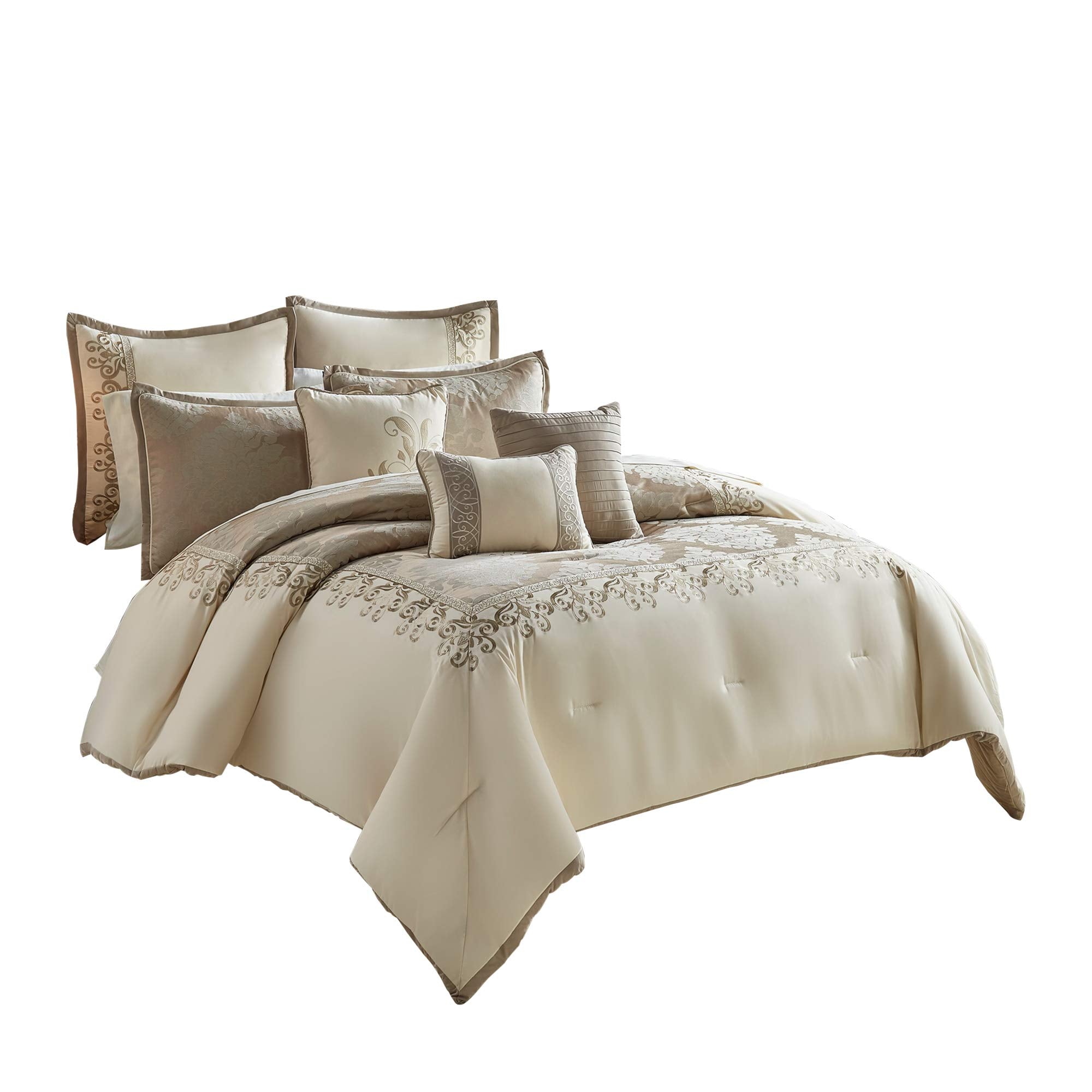 10 Piece King Polyester Comforter Set with Damask Print, Cream and Gold