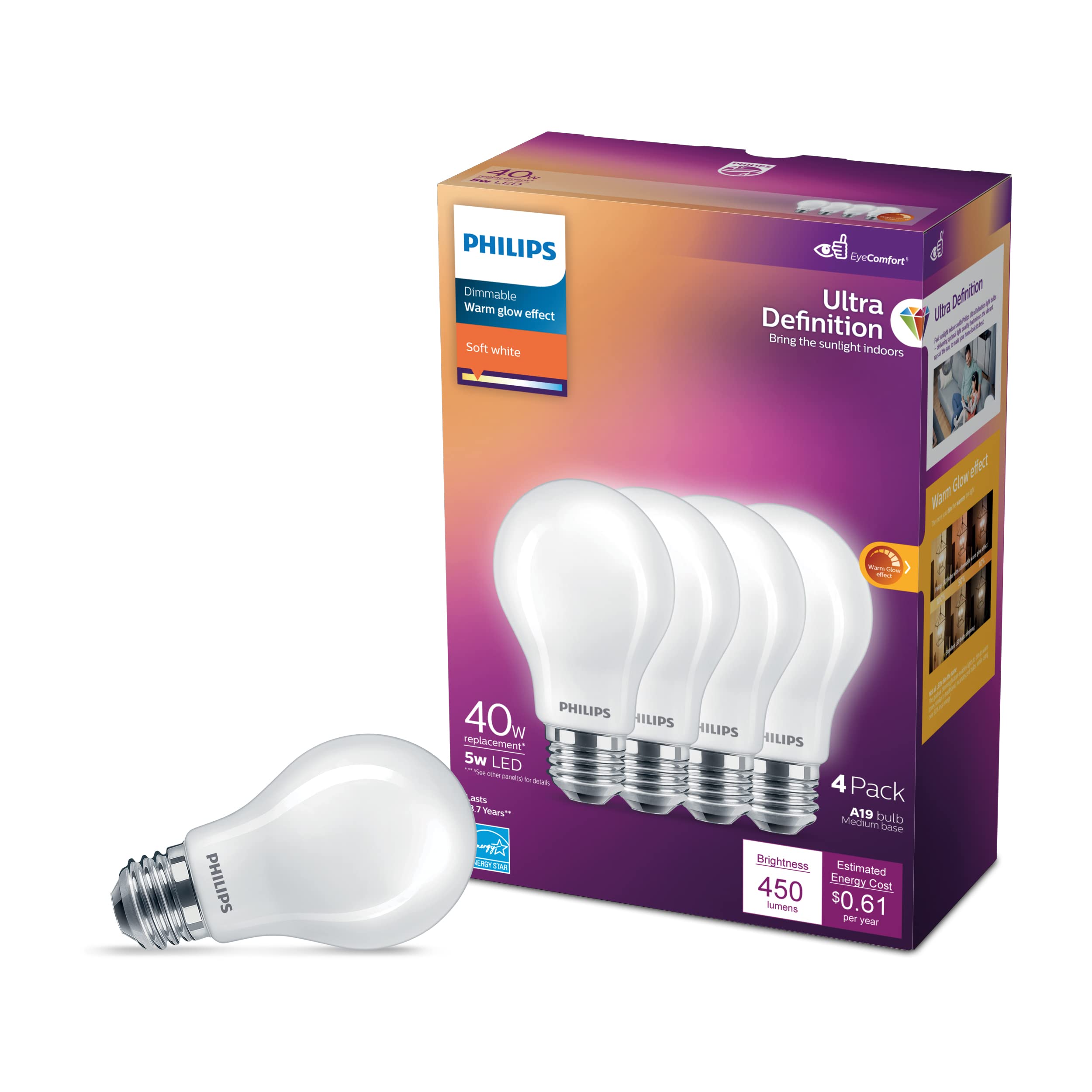 Philips Led Flicker-Free Frosted Dimmable A19 Light Bulb - Eyecomfort Technology - 800 Lumen - Soft White (2700K) - 8W=60W - E26