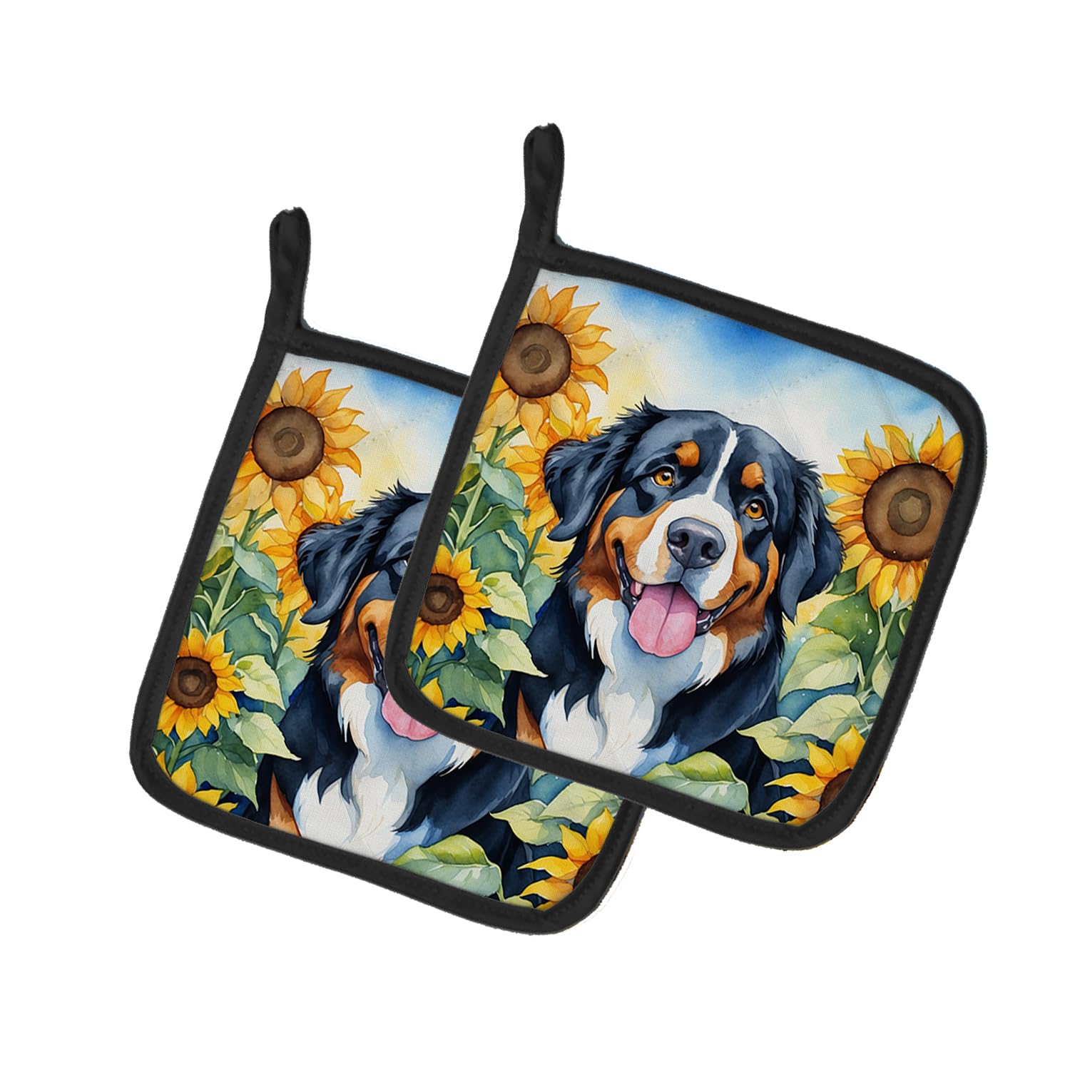 Bernese Mountain Dog in Sunflowers Pair of Pot Holders