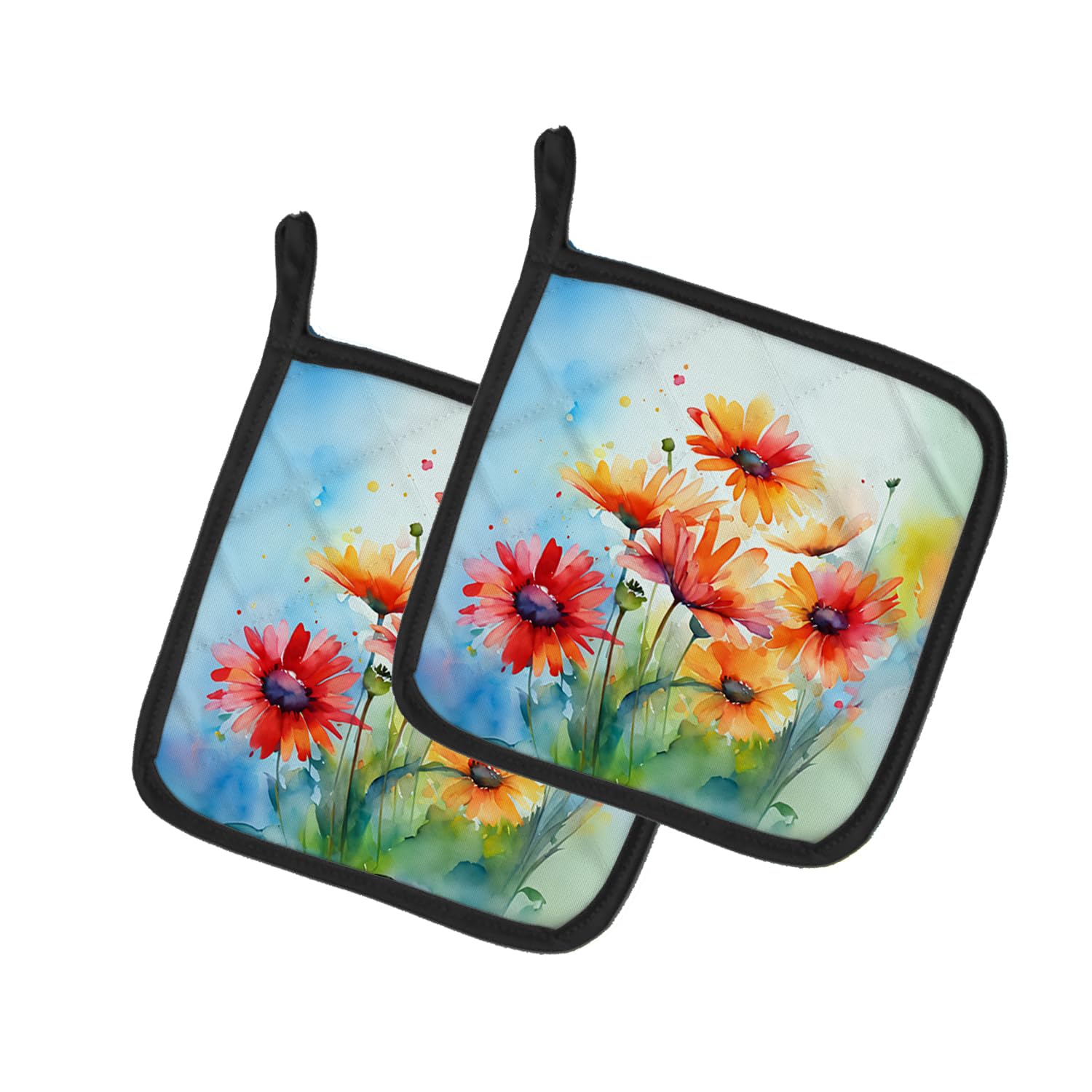 Gerbera Daisies in Watercolor Pair of Pot Holders