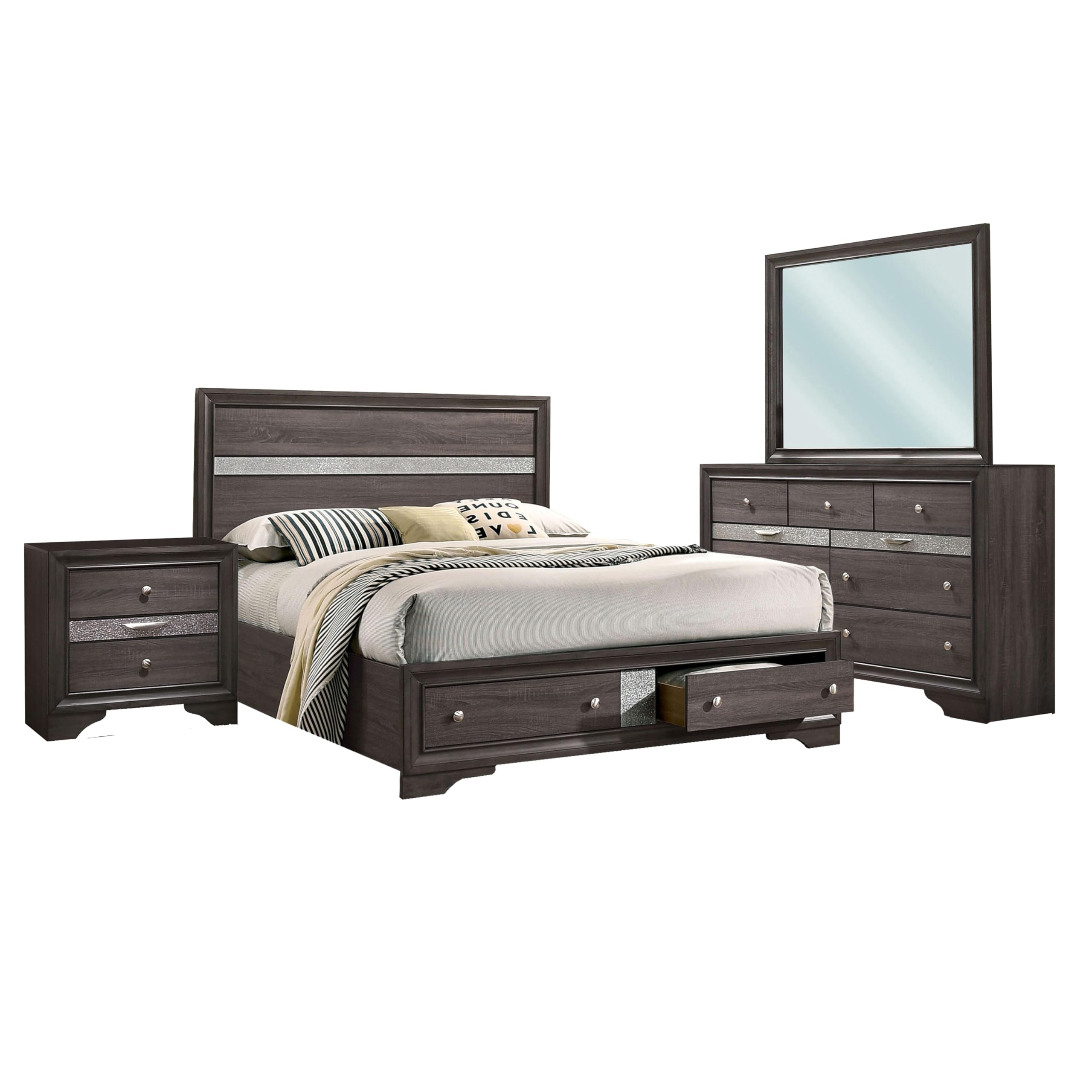 Po Four Piece Queen Size Silver Accented Solid Wood Bedroom Set, Gray, Brown