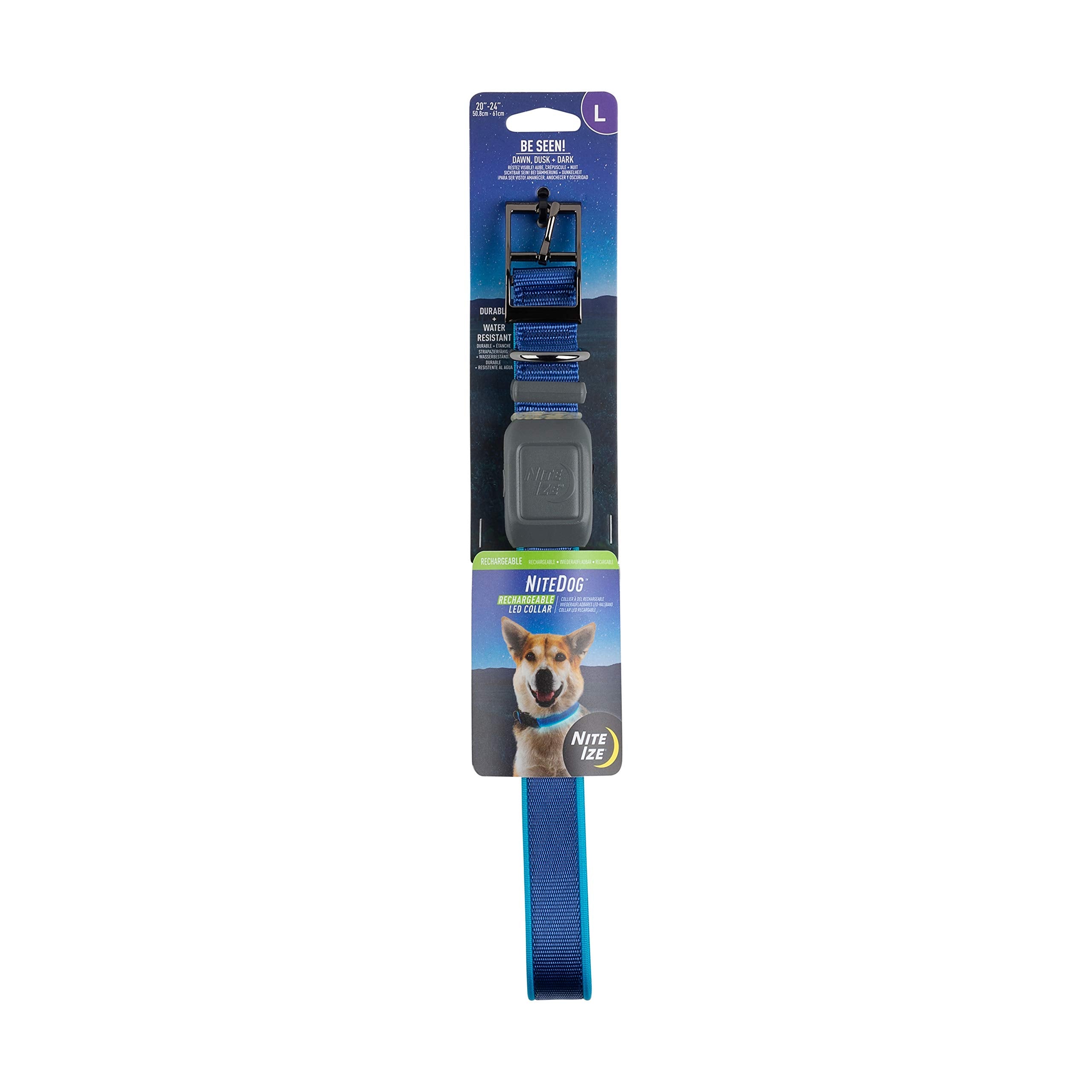 Nite Ize Nitedog Rechargeable Led Collar, Usb Rechargeable Light Up Dog Collar W/Metal Buckle, Water Resistant, Large, Blue