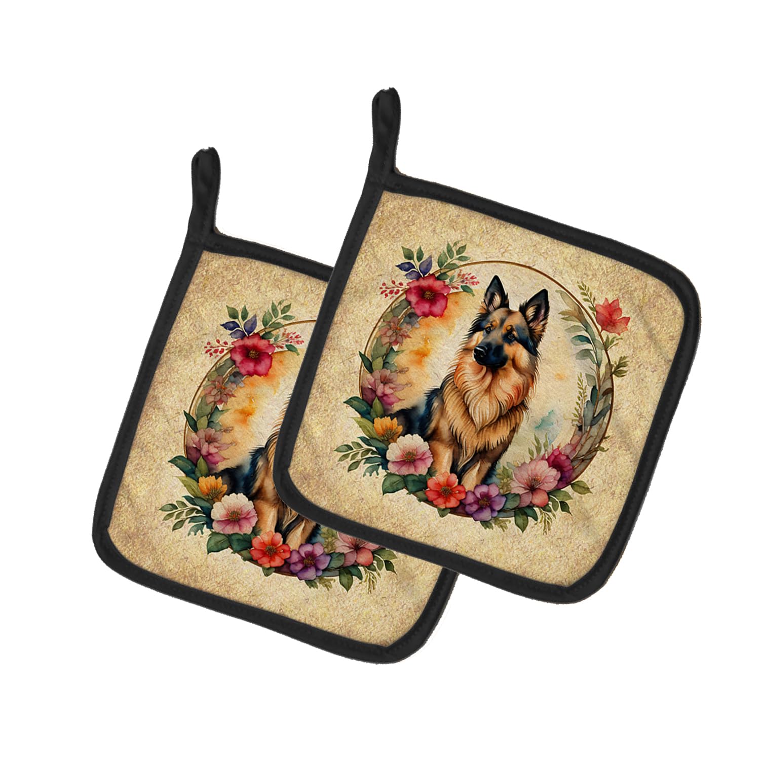 Belgian Tervuren and Flowers Pair of Pot Holders