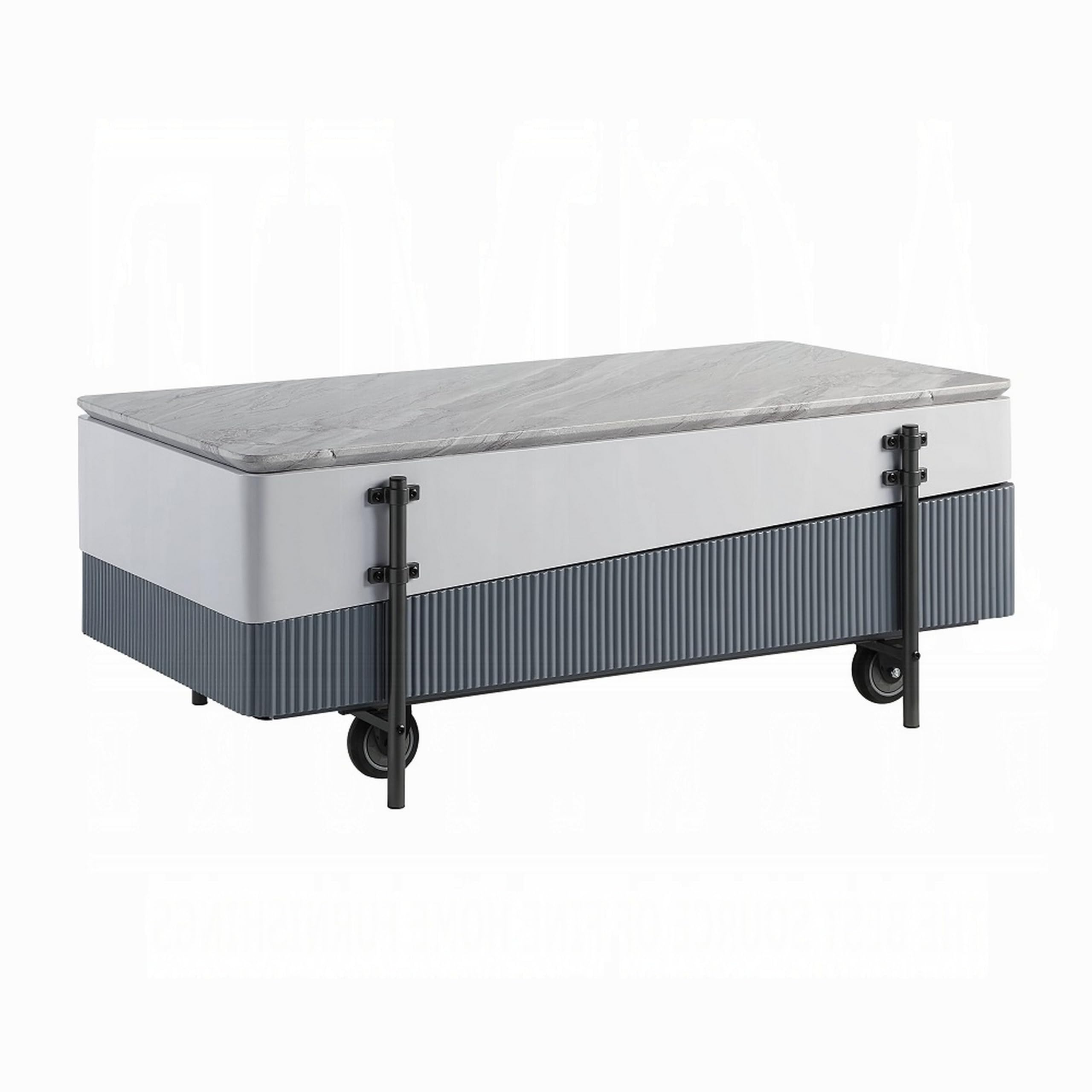 Mindy Coffee Table with Lift Top, 3 Compartments, White Gray 47 Inch