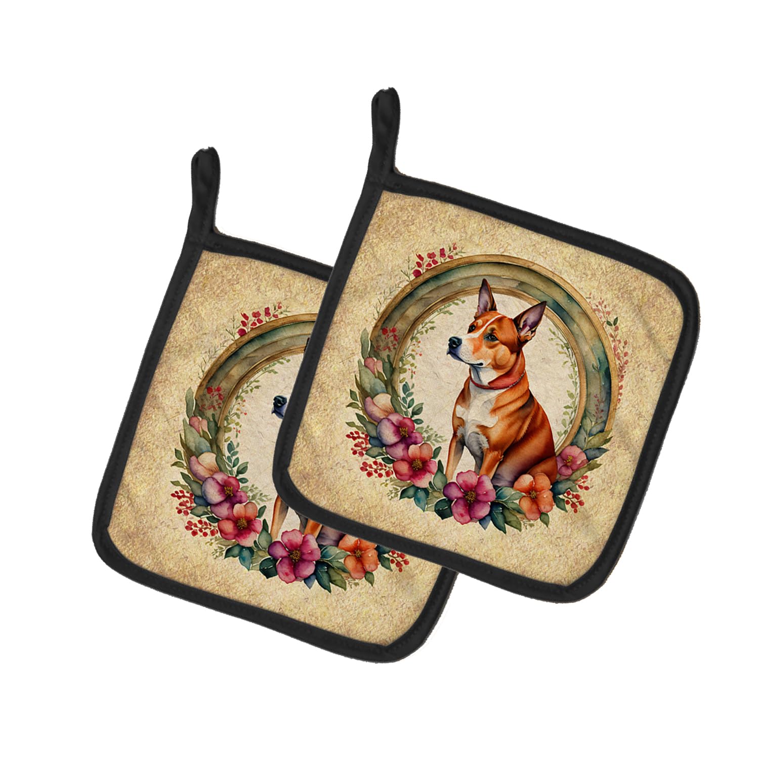 Basenji and Flowers Pair of Pot Holders