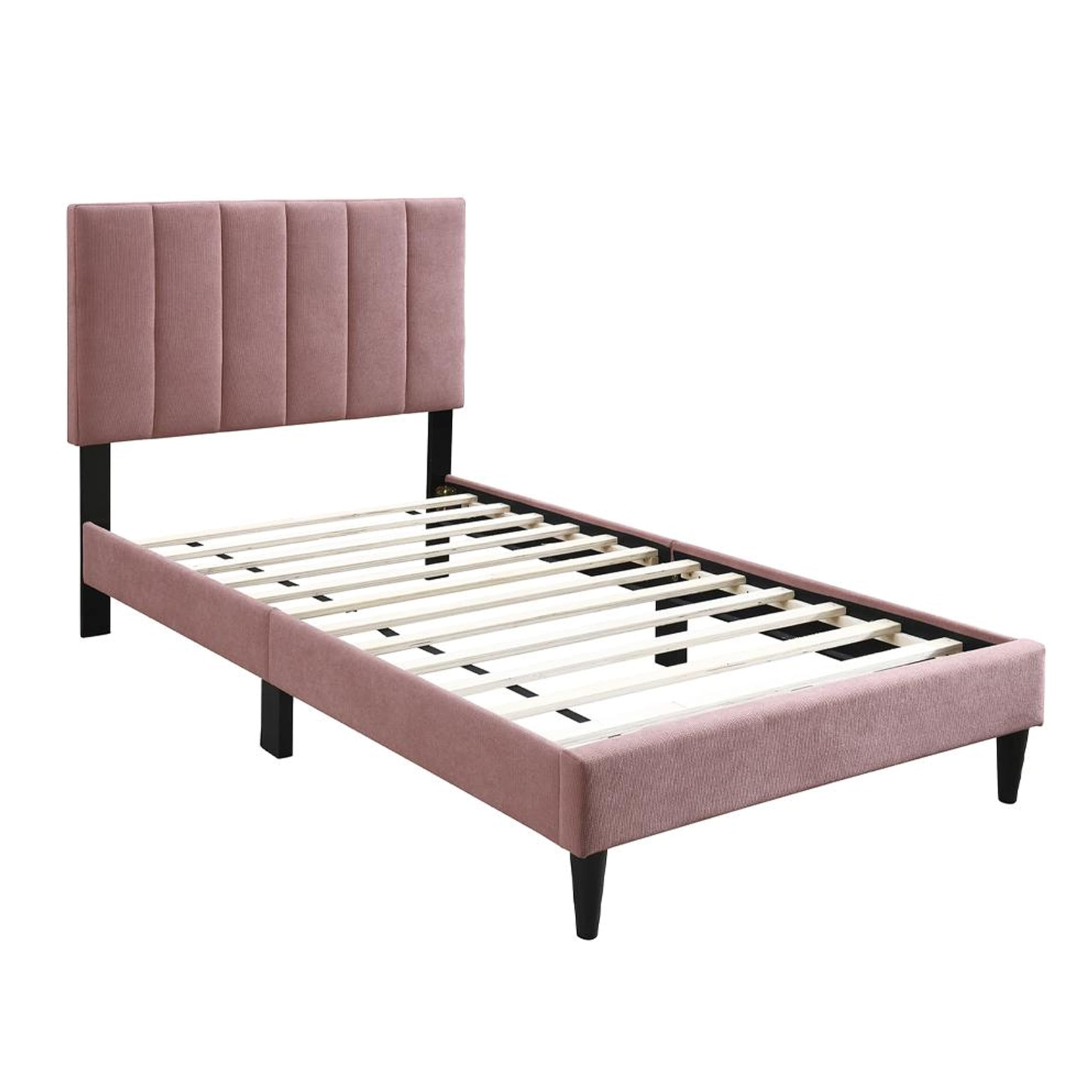 Lilian Twin Size Bed, Blush Pink Linen Upholstery, Channel Tufted