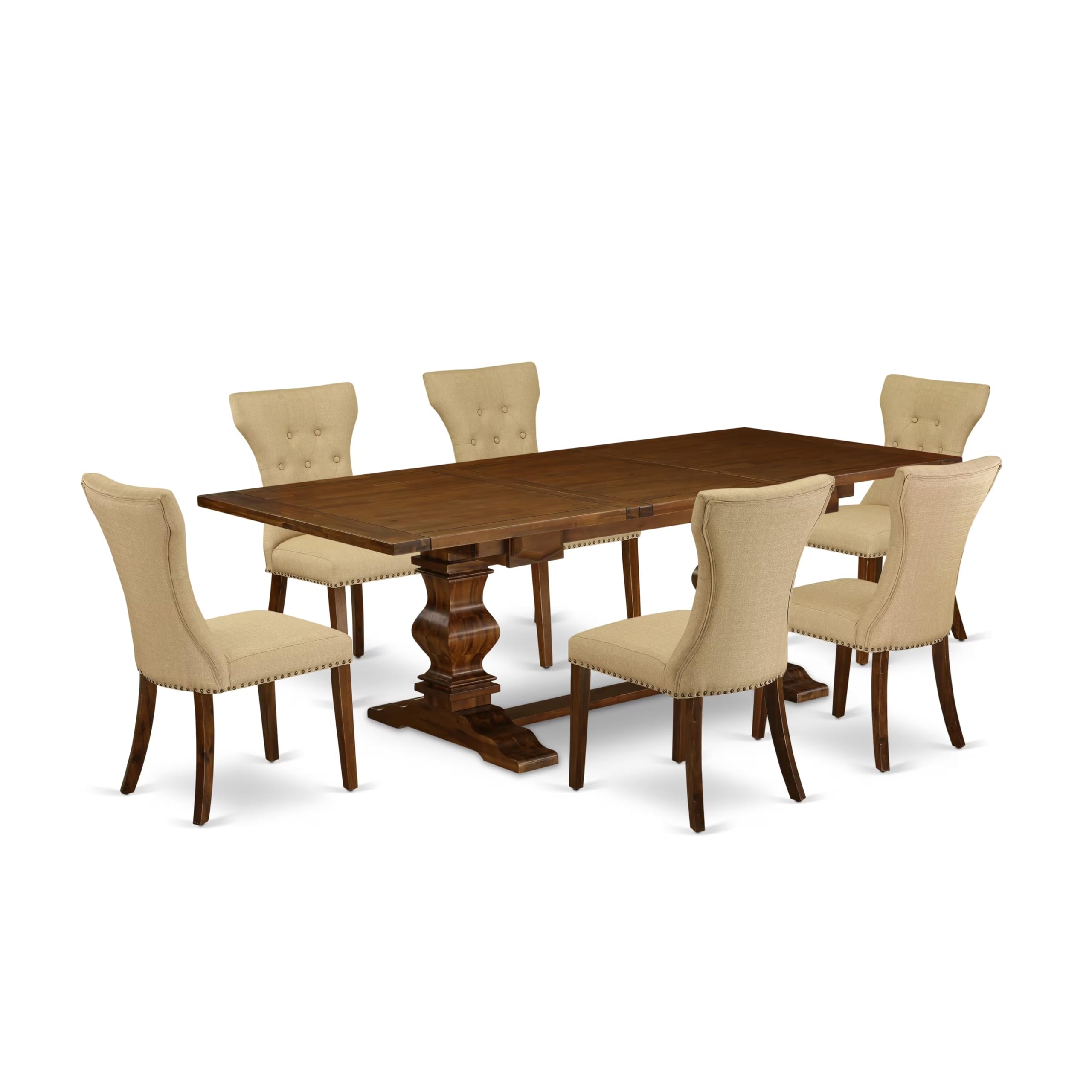 7-pc dining room table set with Chairs Legs and Brown Linen Fabric