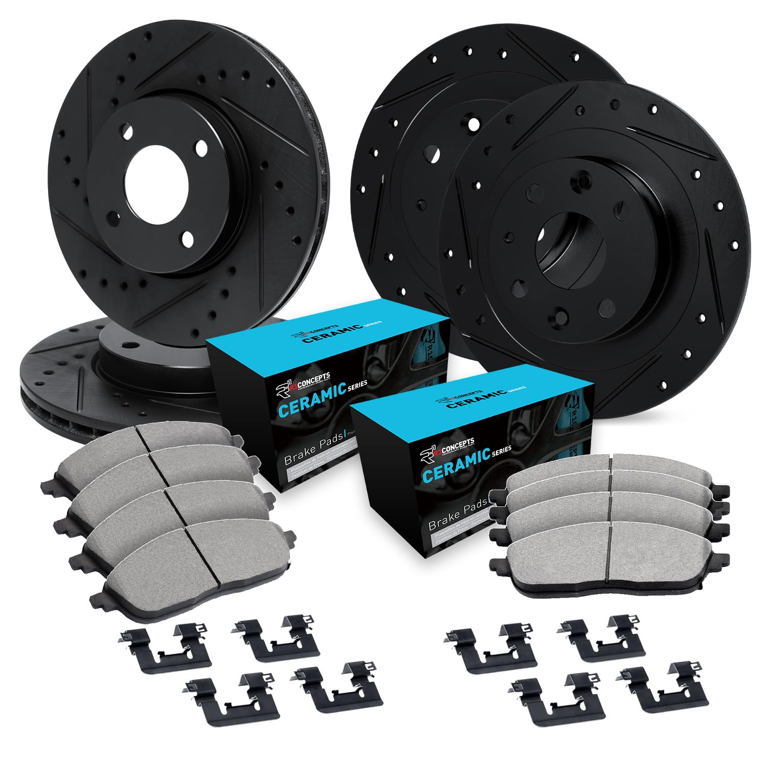 R1 Concepts Drilled and Slotted Black Disc Brake Rotor Set with Ceramic Pads and Hardware WHWH2-32008