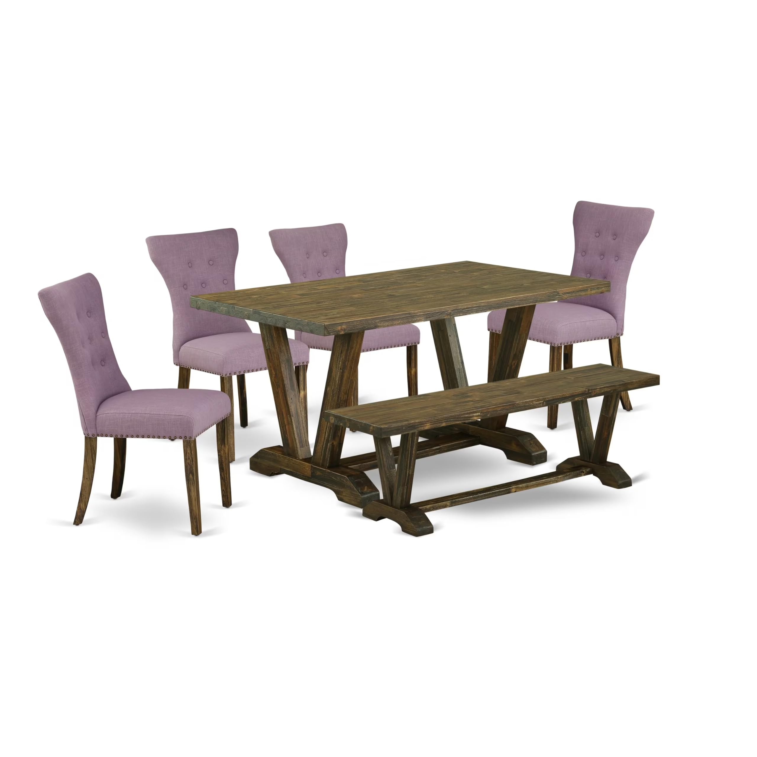 East West Furniture 6-Pc kitchen table set-Dahlia Linen Fabric Seat and Button Tufted Chair Back Dining chairs, A Rectangular Bench and Rectangular Top Modern Dining Table with Wood Legs - Distressed Jacobean and Distressed Jacobean Finish