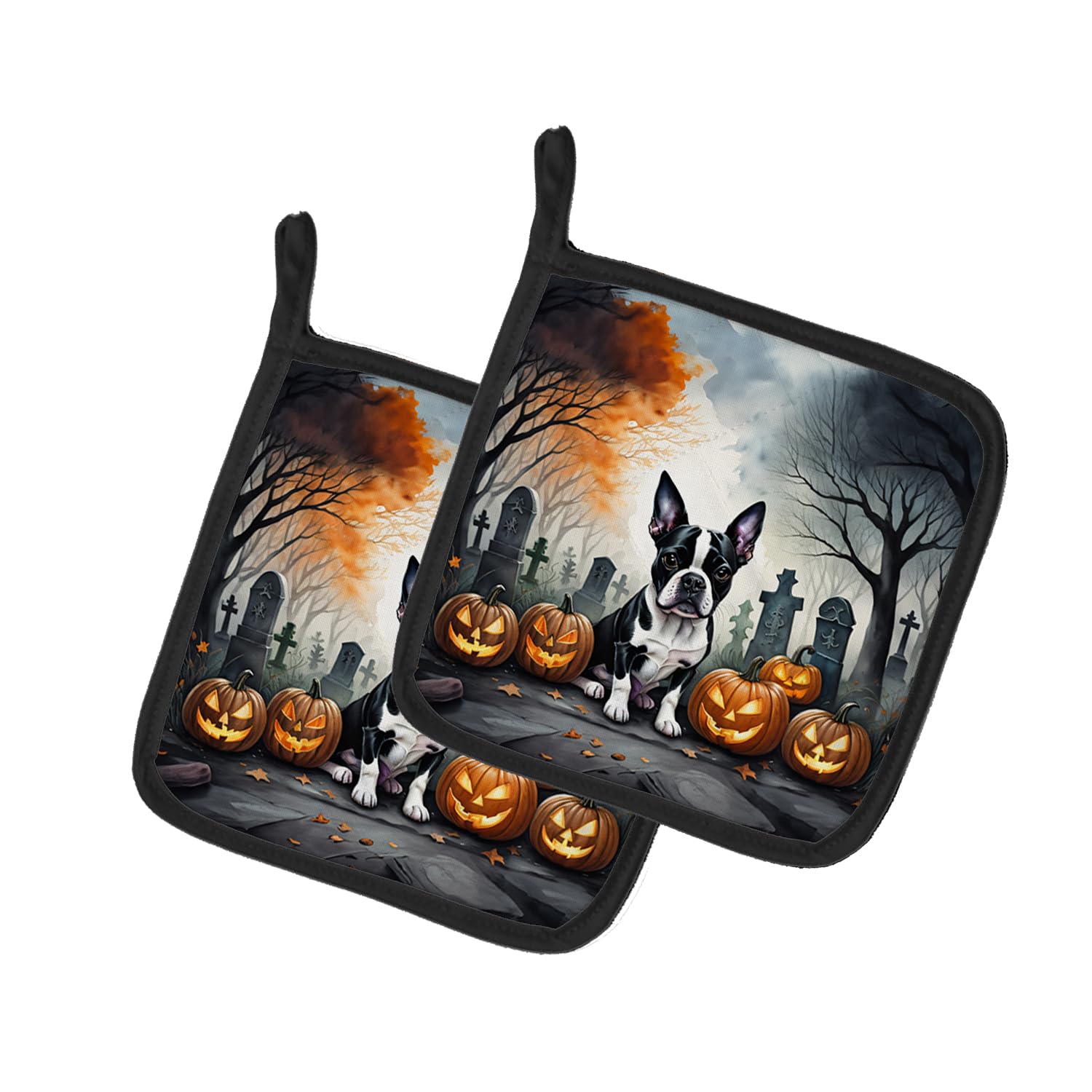 Boston Terrier Spooky Halloween Pair of Pot Holders