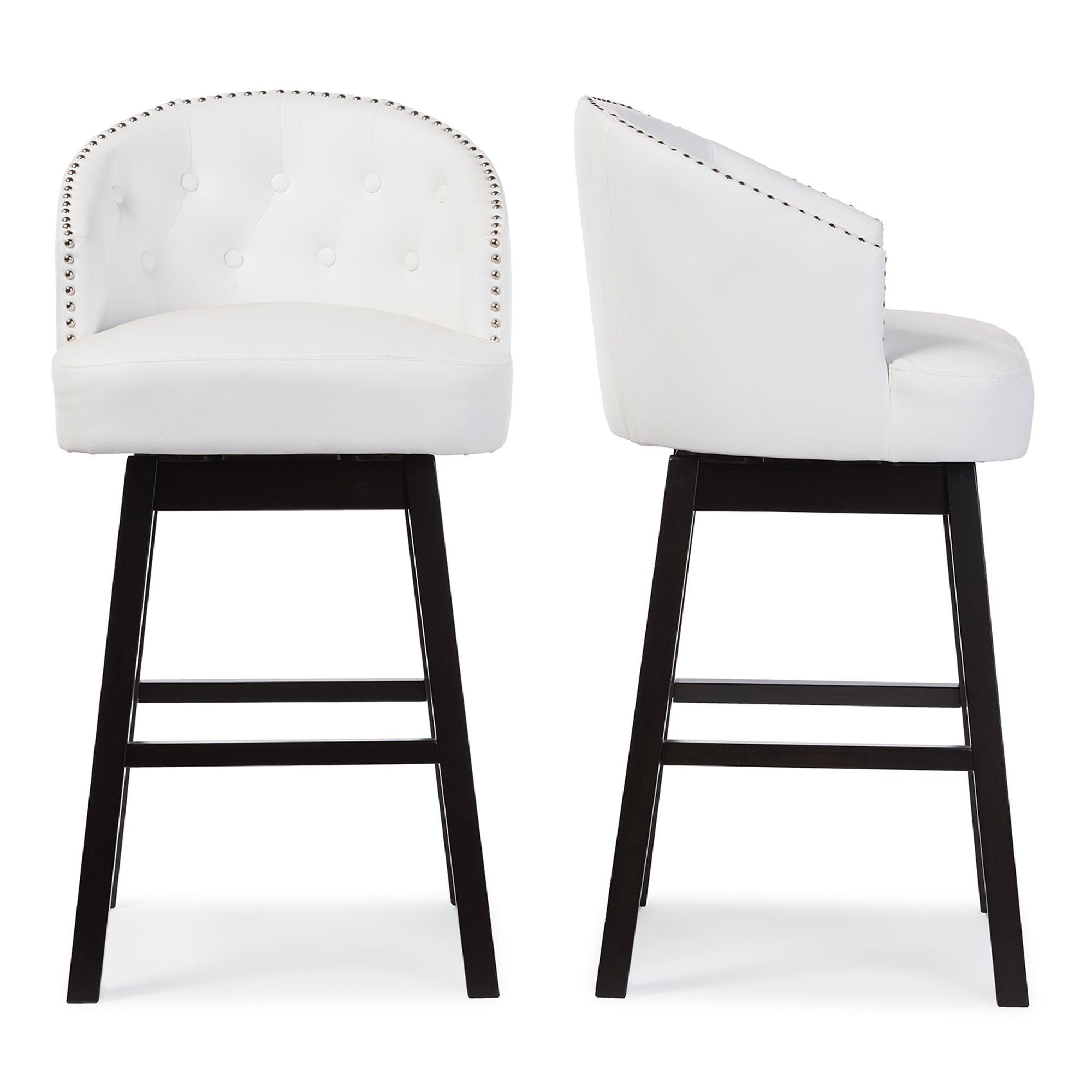 Baxton Studio Avril Modern and Contemporary White Faux Leather Tufted 2-Piece Swivel Barstool Set with Nail heads Trim