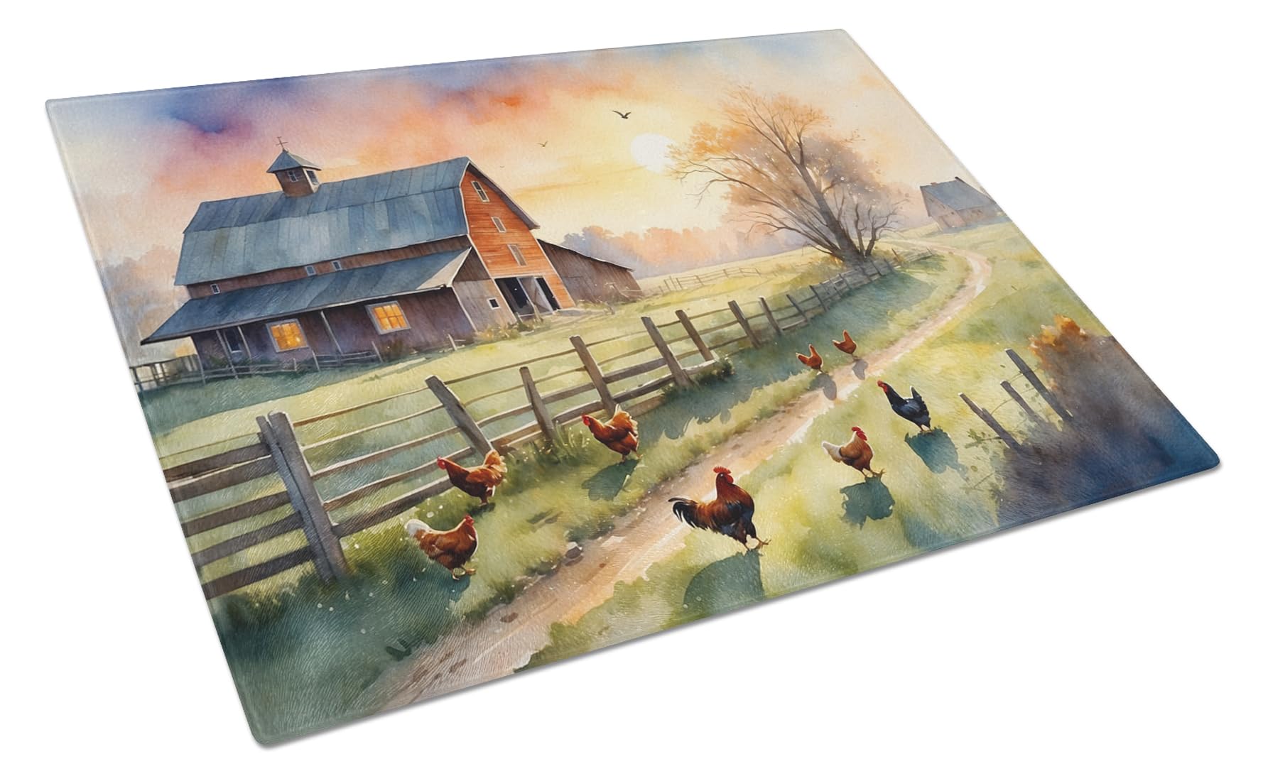 Carolines Treasures Chicken Farmyard Sunrise Glass Cutting Board Decorative Tempered Glass Kitchen Cutting and Serving Board Large Size Chopping Board