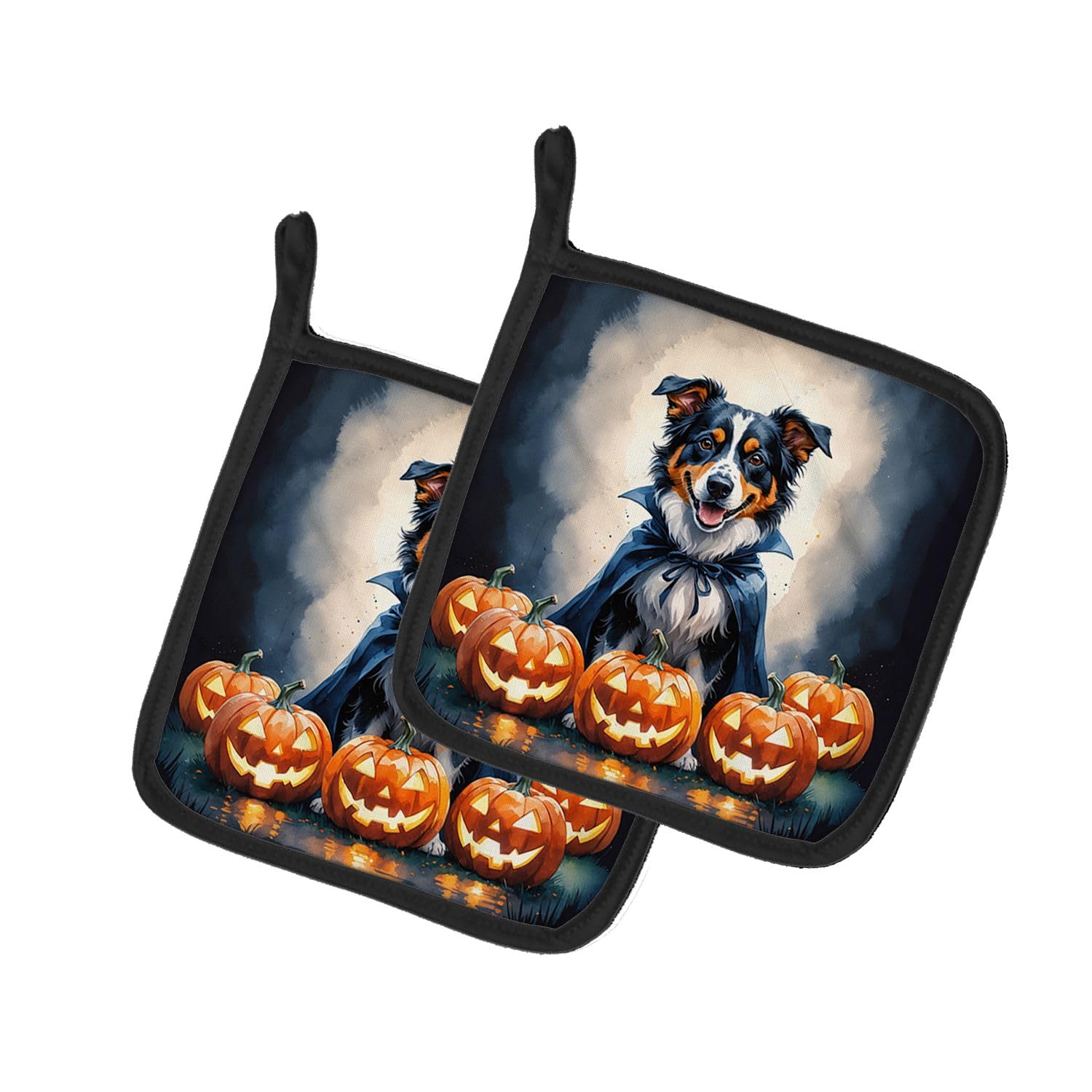 Carolines Treasures Australian Shepherd Puppy Halloween Pair of Pot Holders Kitchen Heat Resistant Pot Holders Sets Oven Hot Pads for Cooking Baking BBQ, 7 1/2 x 7 1/2