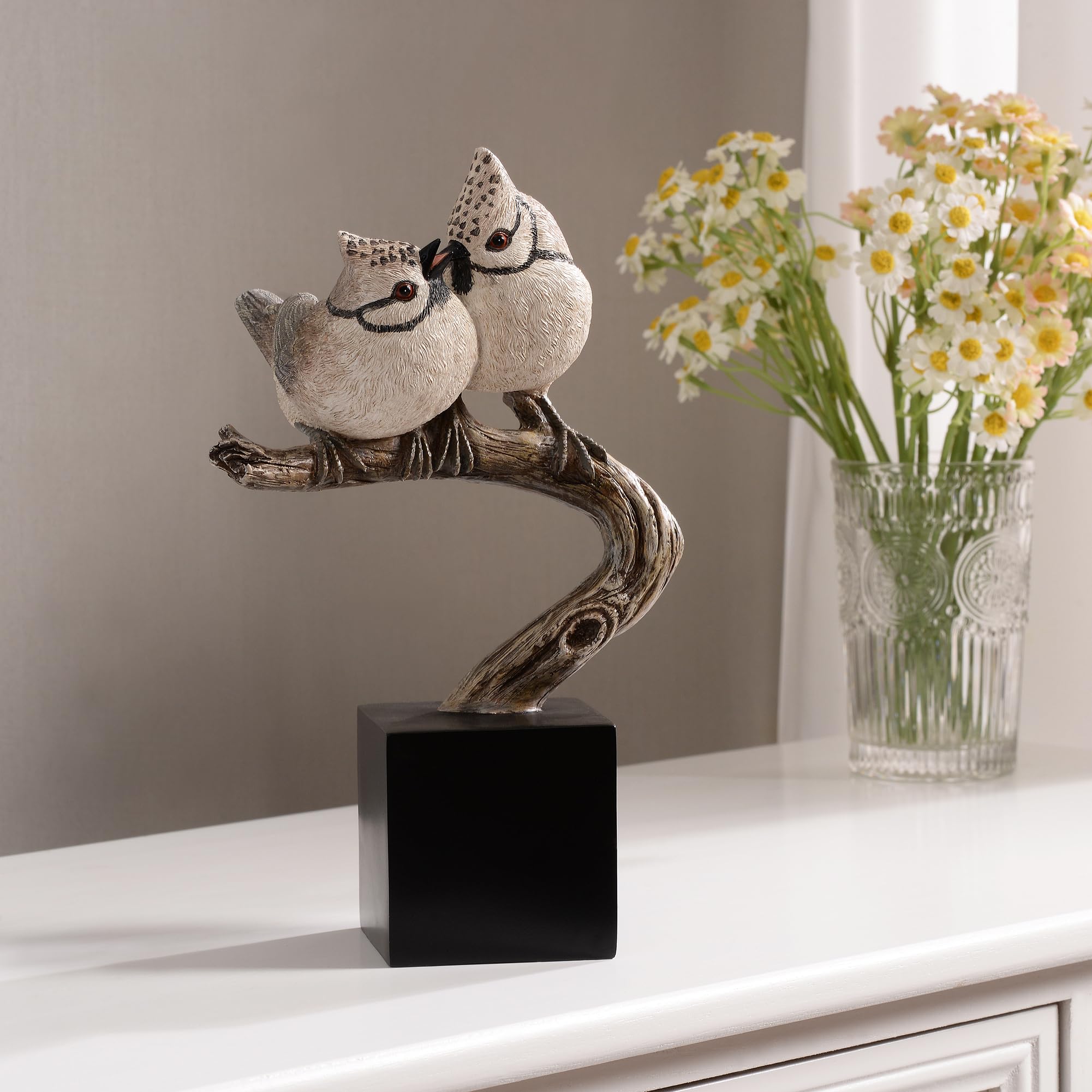 Hi-Line Gift Ltd 53008-B Couple Crested Tit On Branch Lifelike Bird Resin Home Tabletop Decor