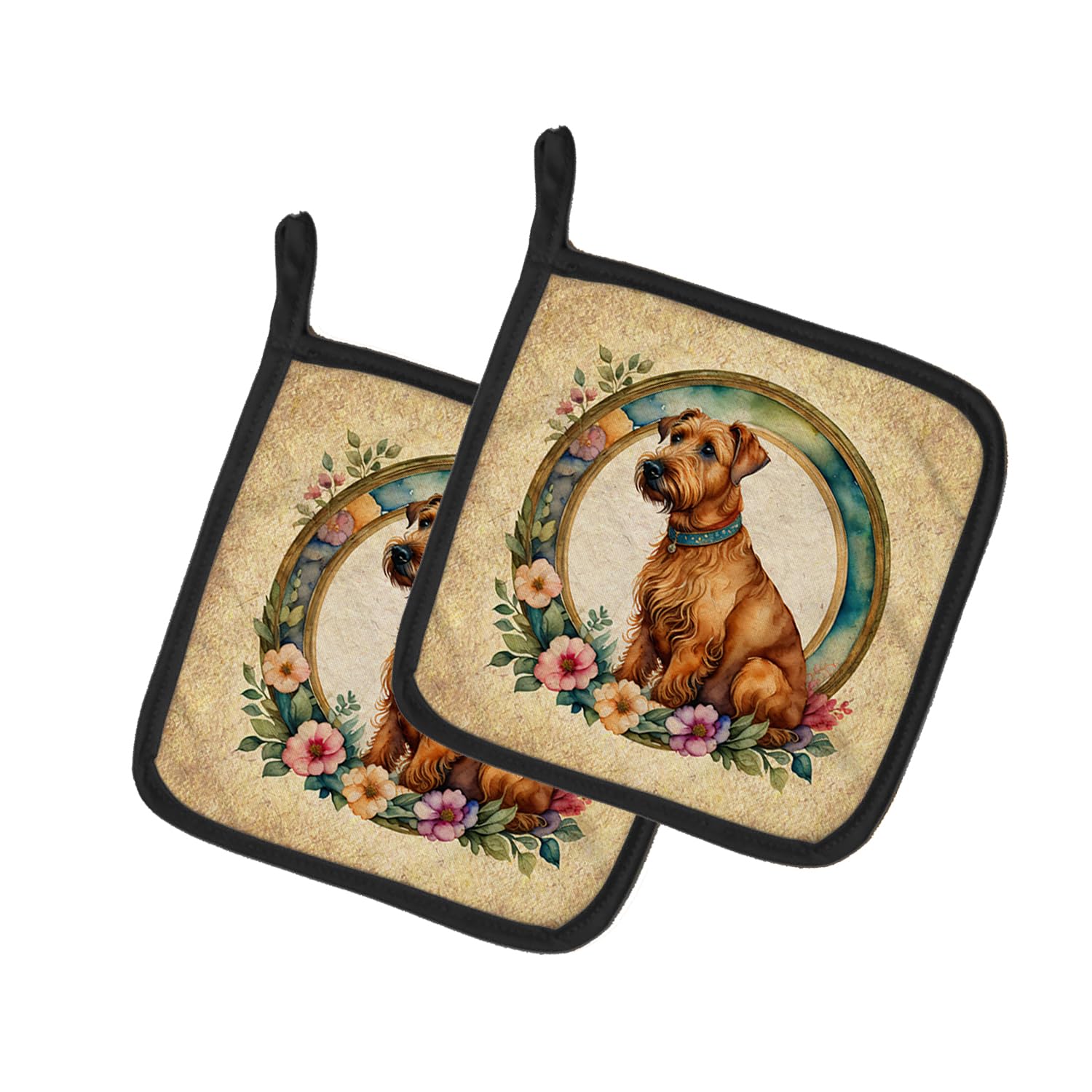 Irish Terrier and Flowers Pair of Pot Holders