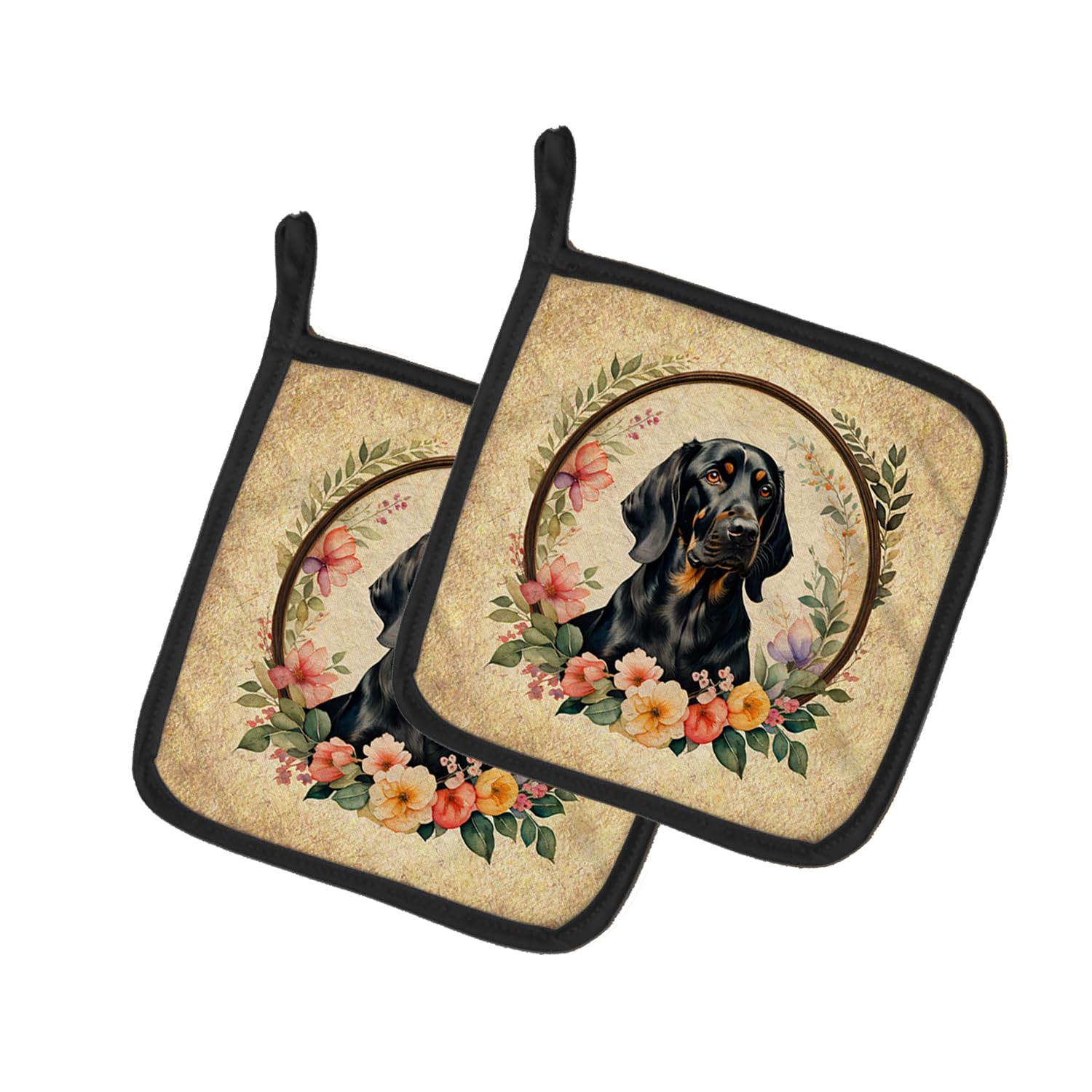 Black and Tan Coonhound and Flowers Pair of Pot Holders