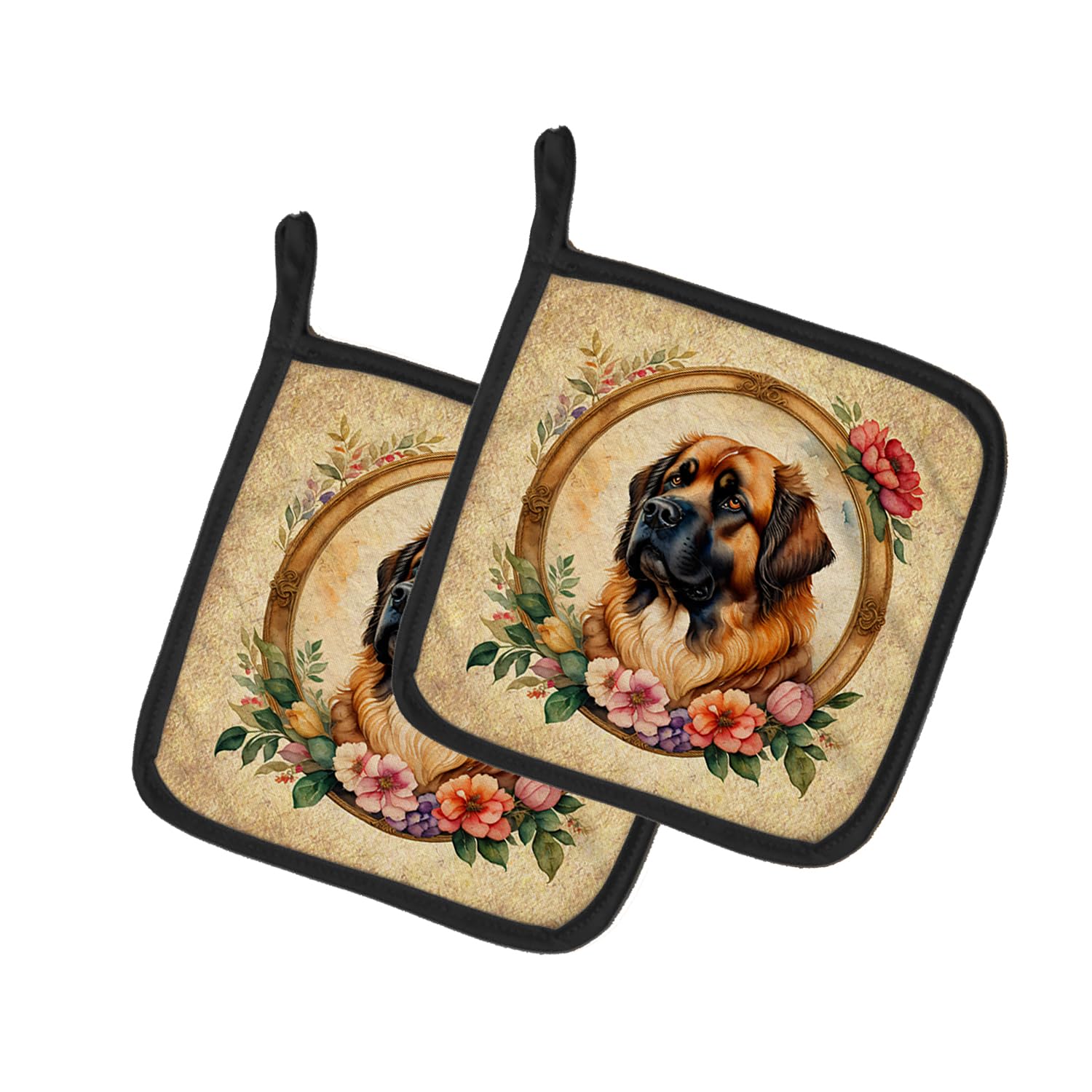 Leonberger and Flowers Pair of Pot Holders
