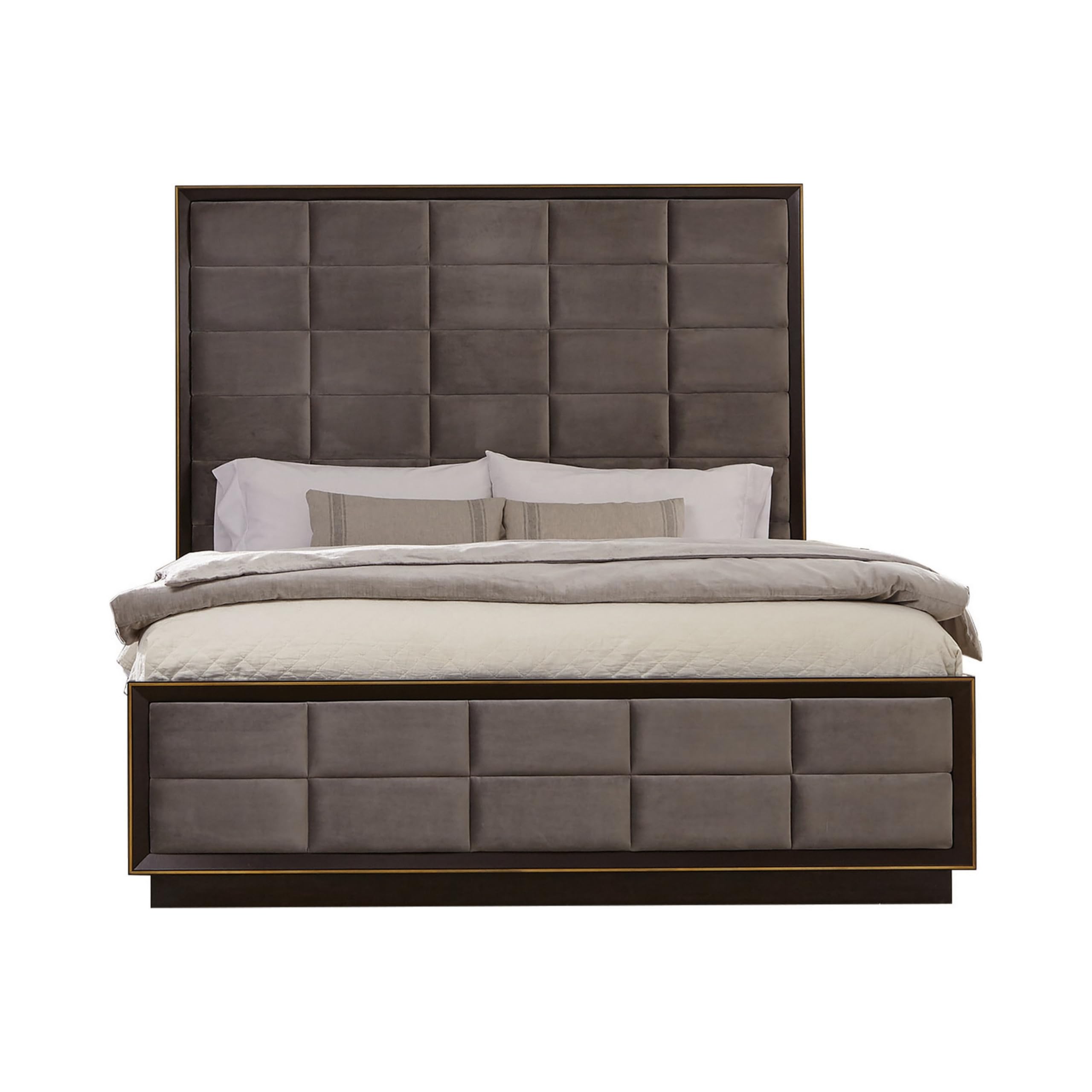 Hena Queen Bed, Grid Tufted Upholstered Tall Panel Headboard, Taupe, Gold