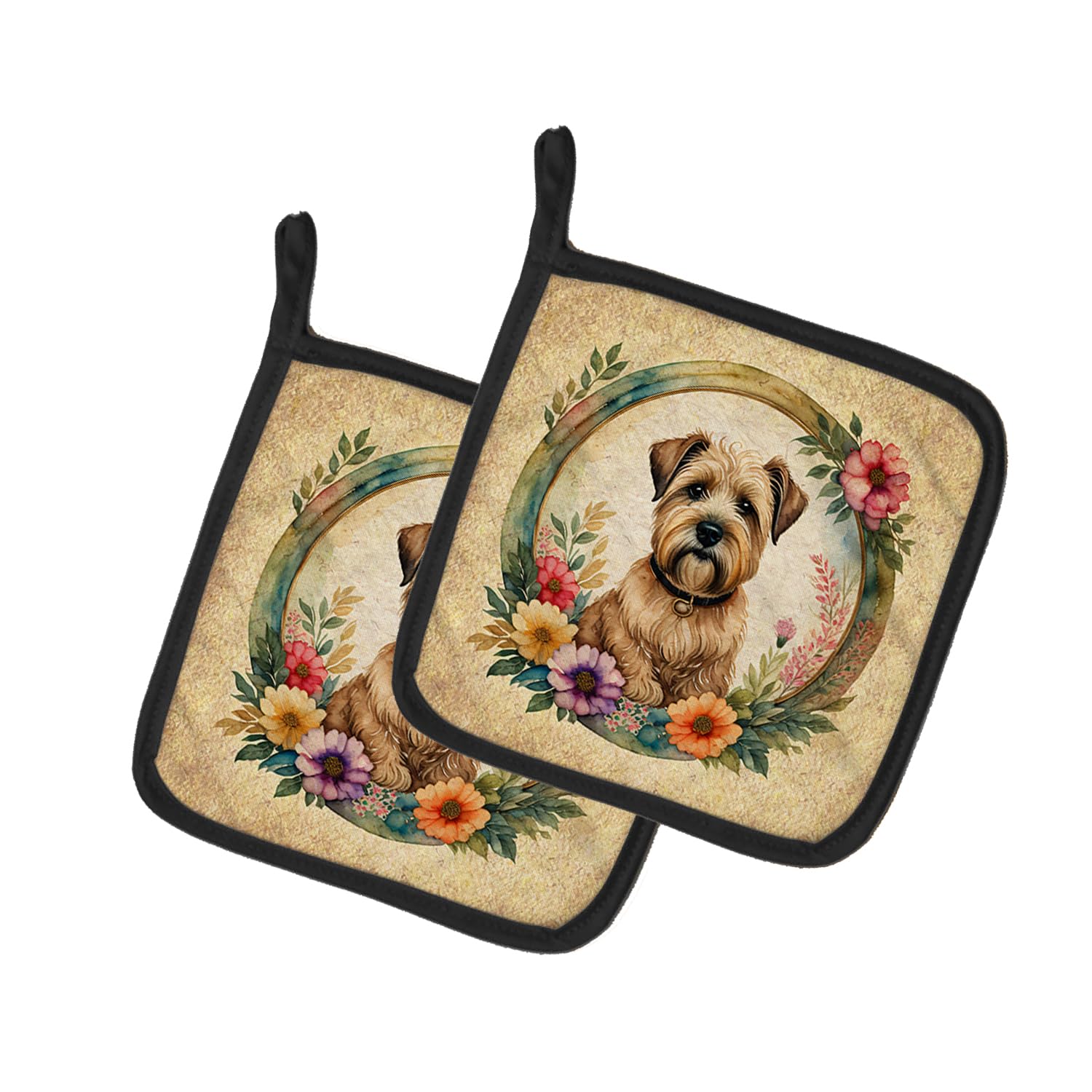 Wheaten Terrier and Flowers Pair of Pot Holders