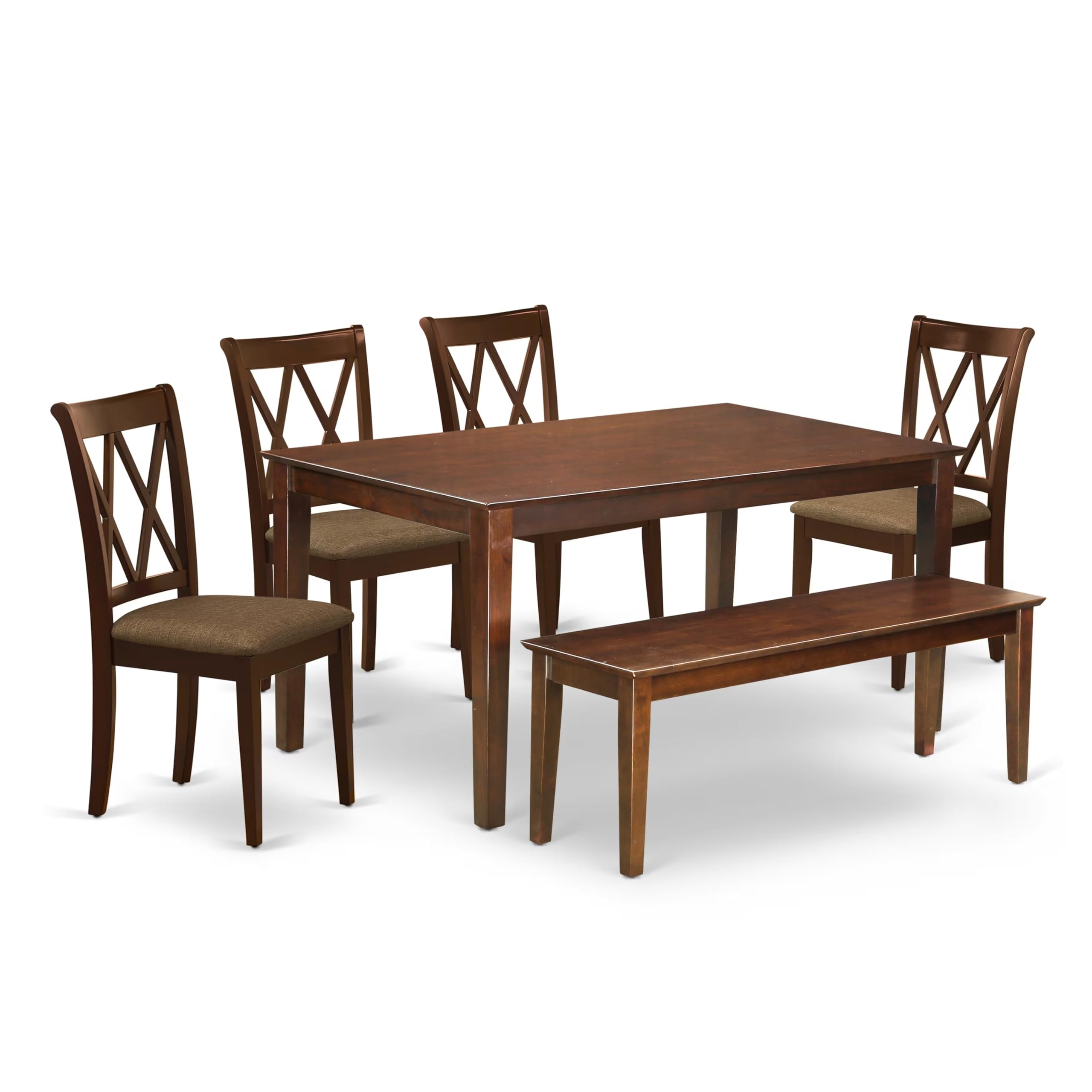 CACL6-MAH-C 6Pc Dining Set Includes a Rectangle Dinette Table and Four Double X Back Linen seat Kitchen Chairs and a Bench, Mahogany Finish