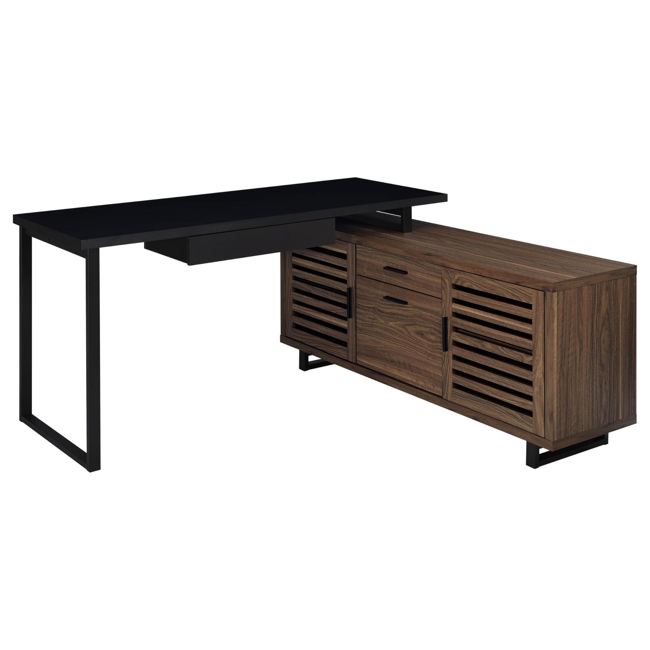 Doxx L Shape Computer Desk, 2 Doors Drawers Black Metal, Walnut Wood