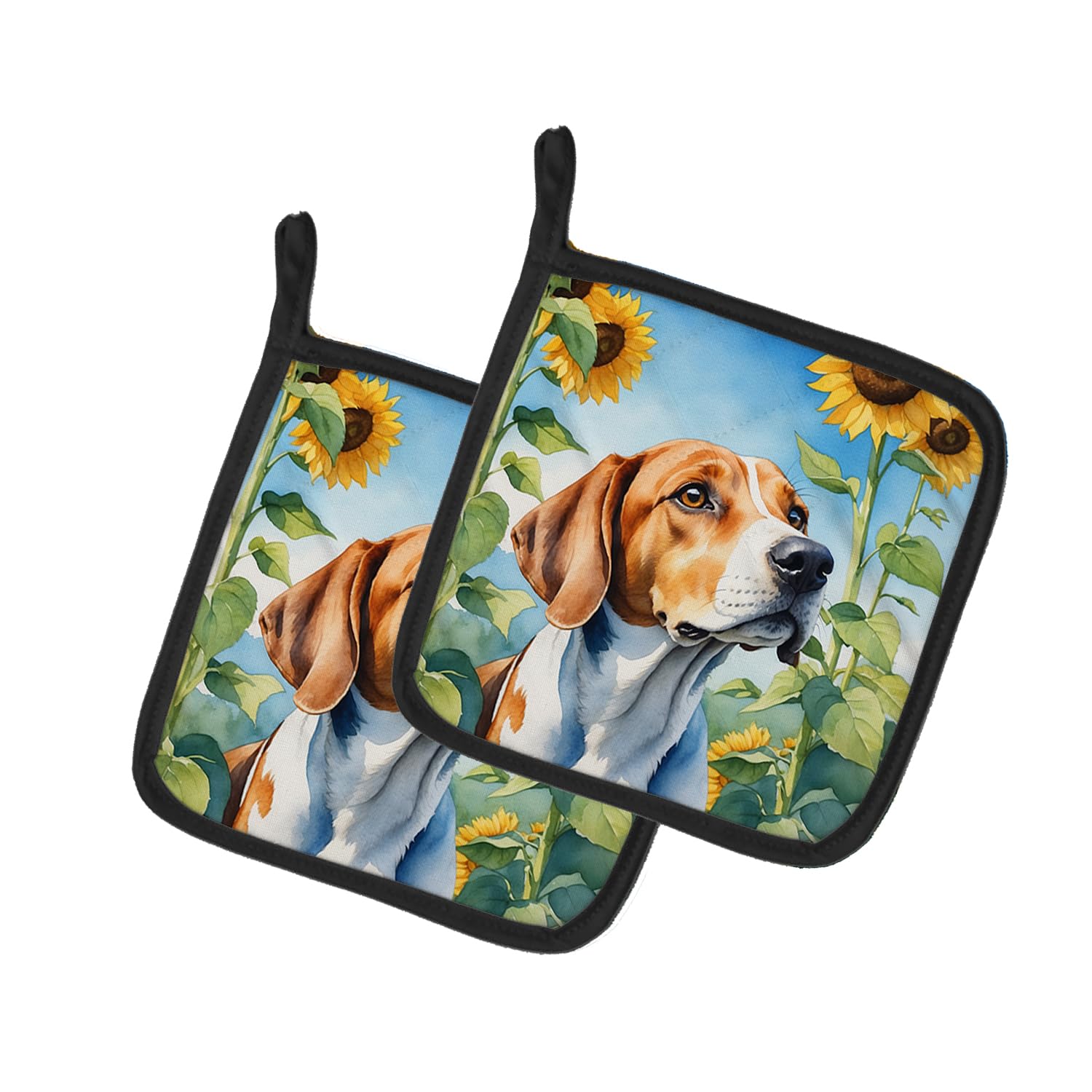 English Foxhound in Sunflowers Pair of Pot Holders
