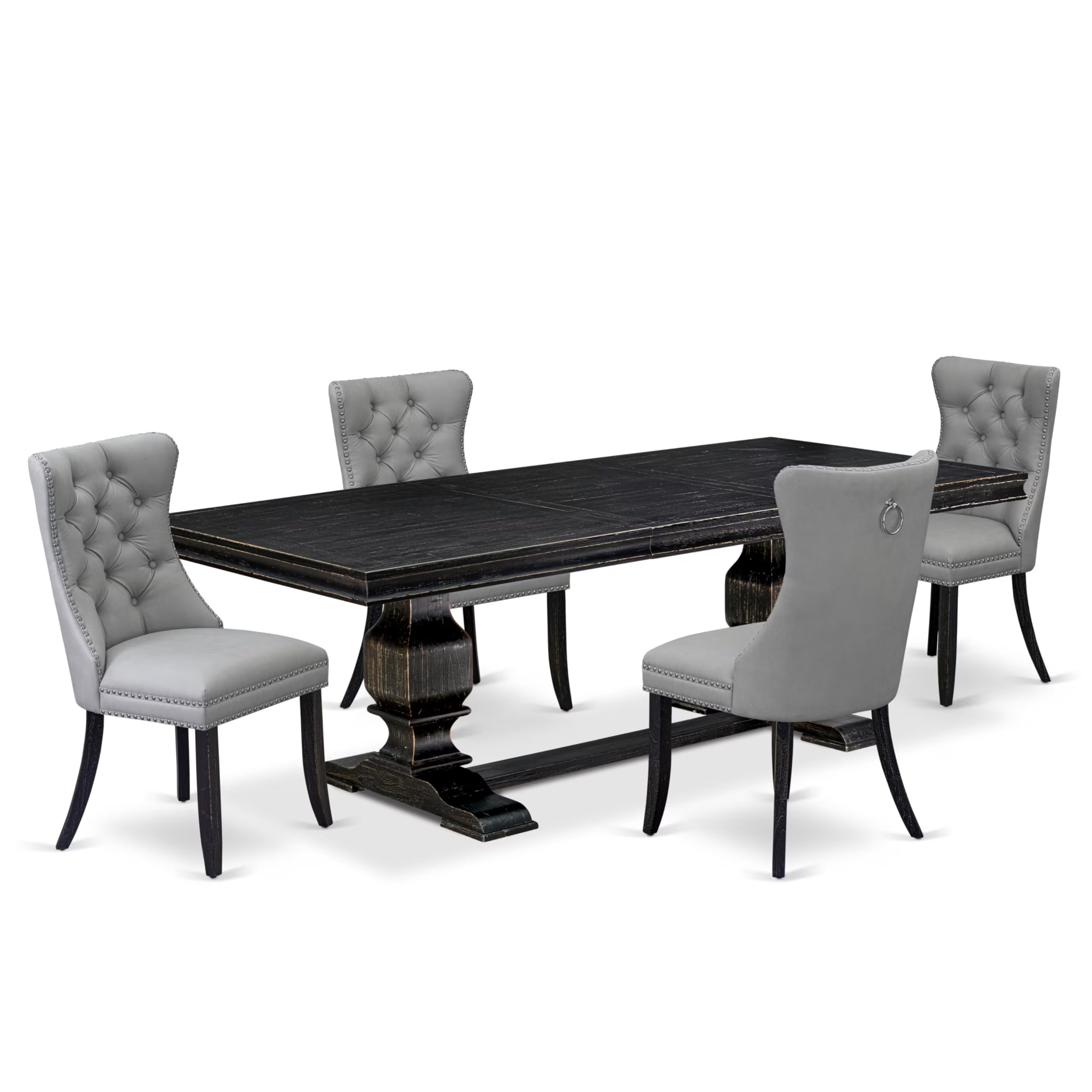 5 piece dining set includes a wooden table and 4 Faux Leather parson chairs