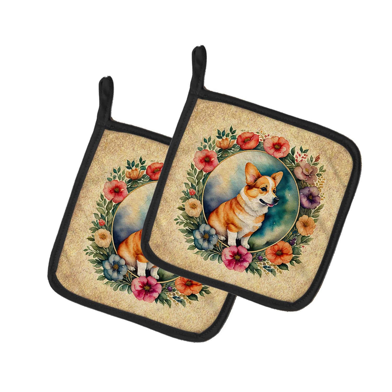 Corgi and Flowers Pair of Pot Holders