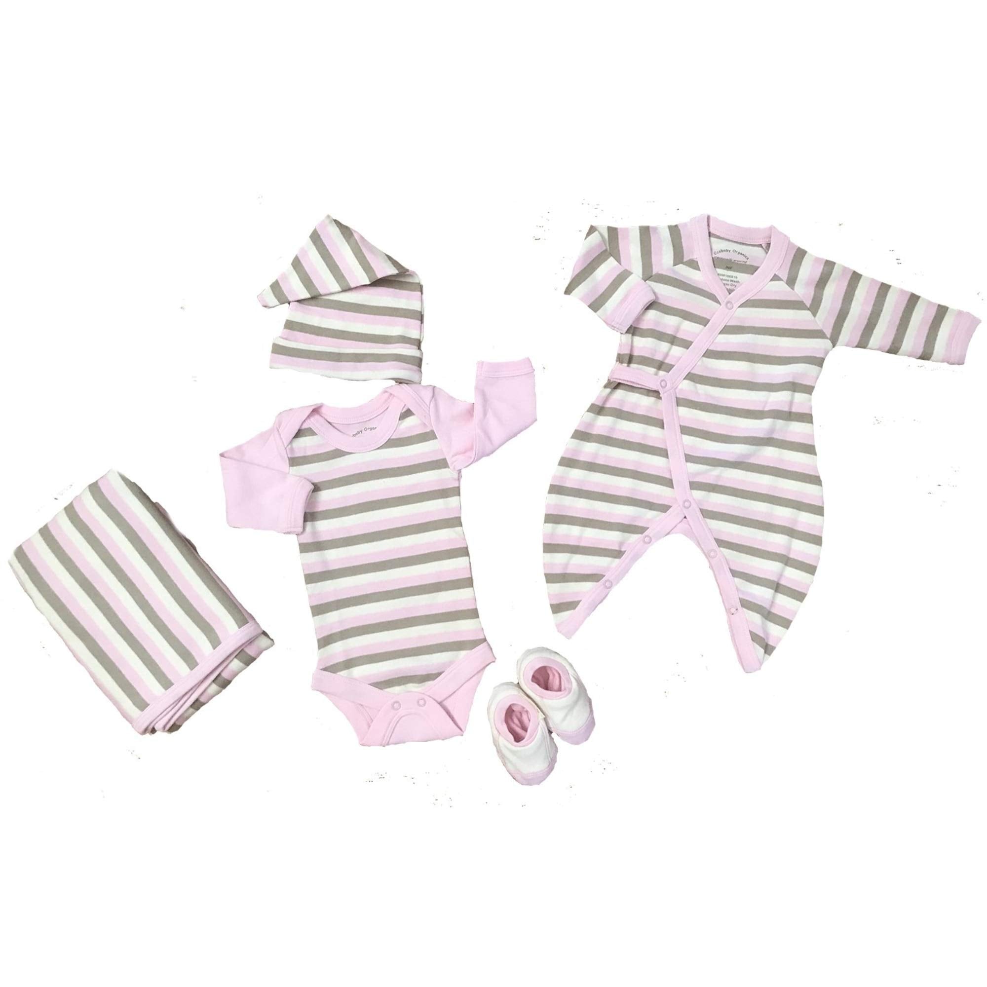 Organic Cotton Sets - Layette 0-6m - Kimono, Long Sleeve Bodysuit 0-3m Blanket, Topee all Pink/Nat/Khaki Stripe, Booties Pink/Natural