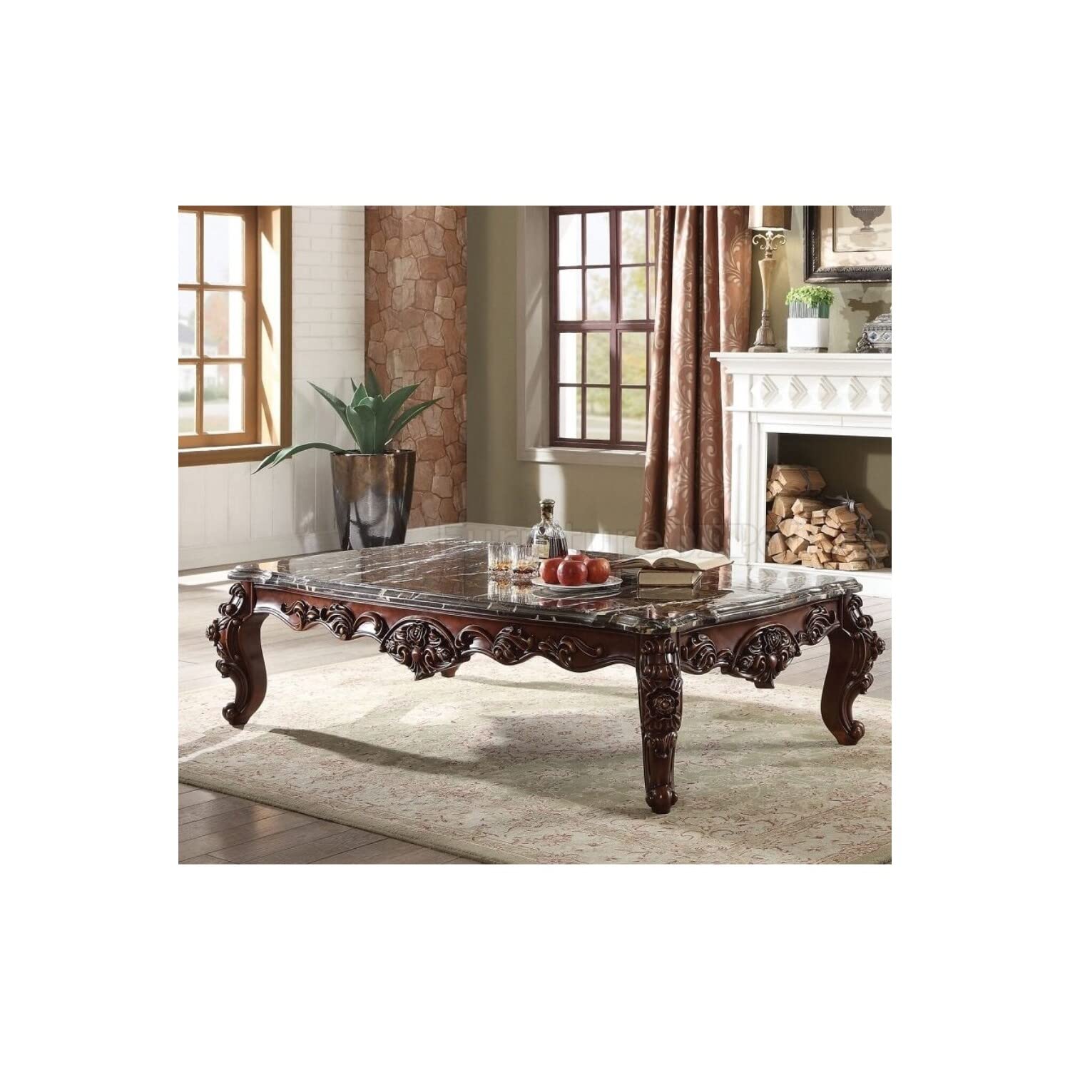 Benjara Benzara Antique Wooden Coffee Table With Marble Top, Brown