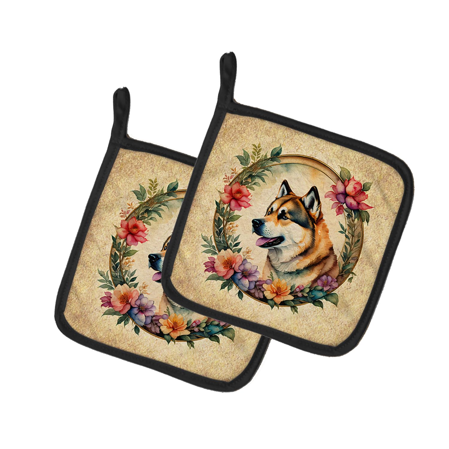 Akita and Flowers Pair of Pot Holders