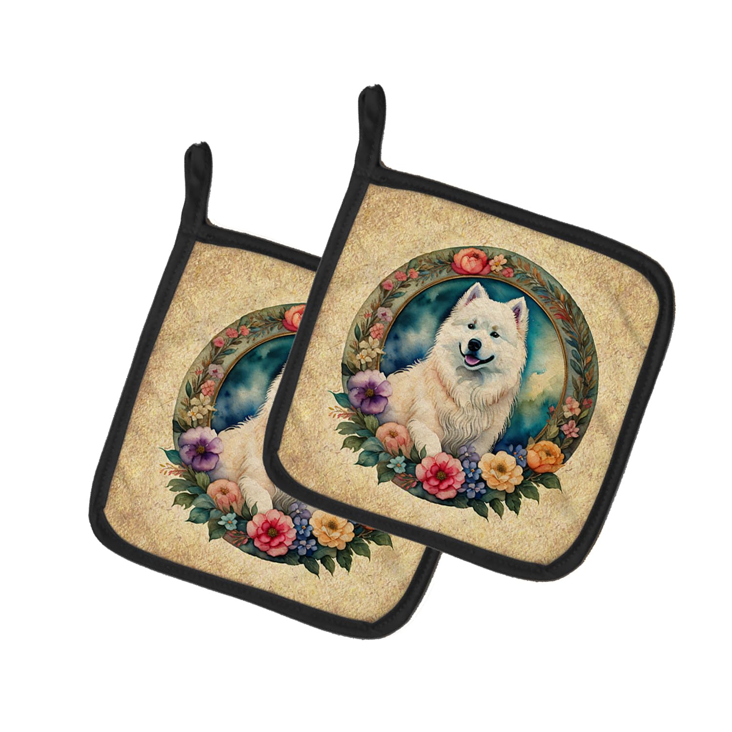 Samoyed and Flowers Pair of Pot Holders