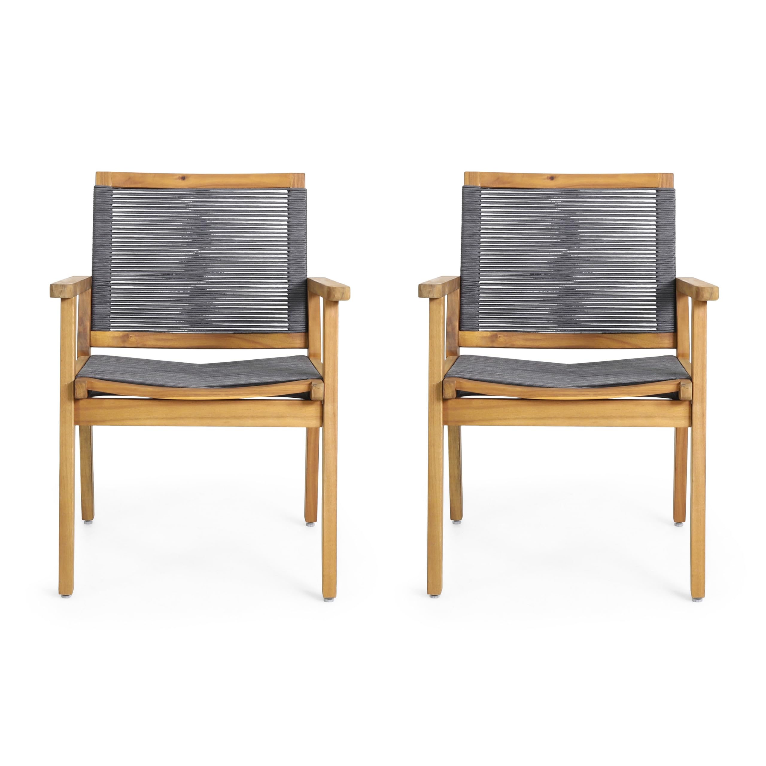 Outdoor Dining Chair Set of 2, 35 Inch Gray Woven, Brown Acacia Wood