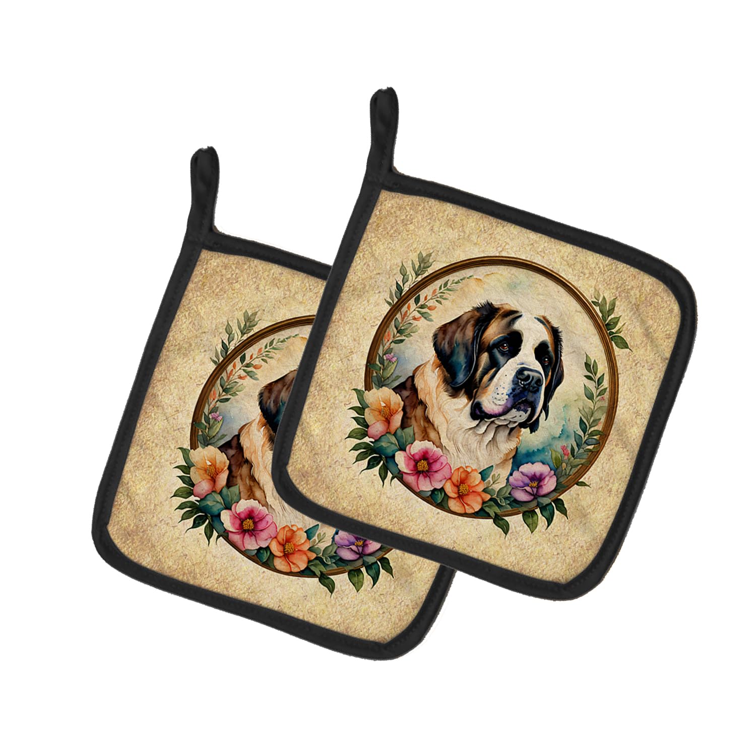 Saint Bernard and Flowers Pair of Pot Holders