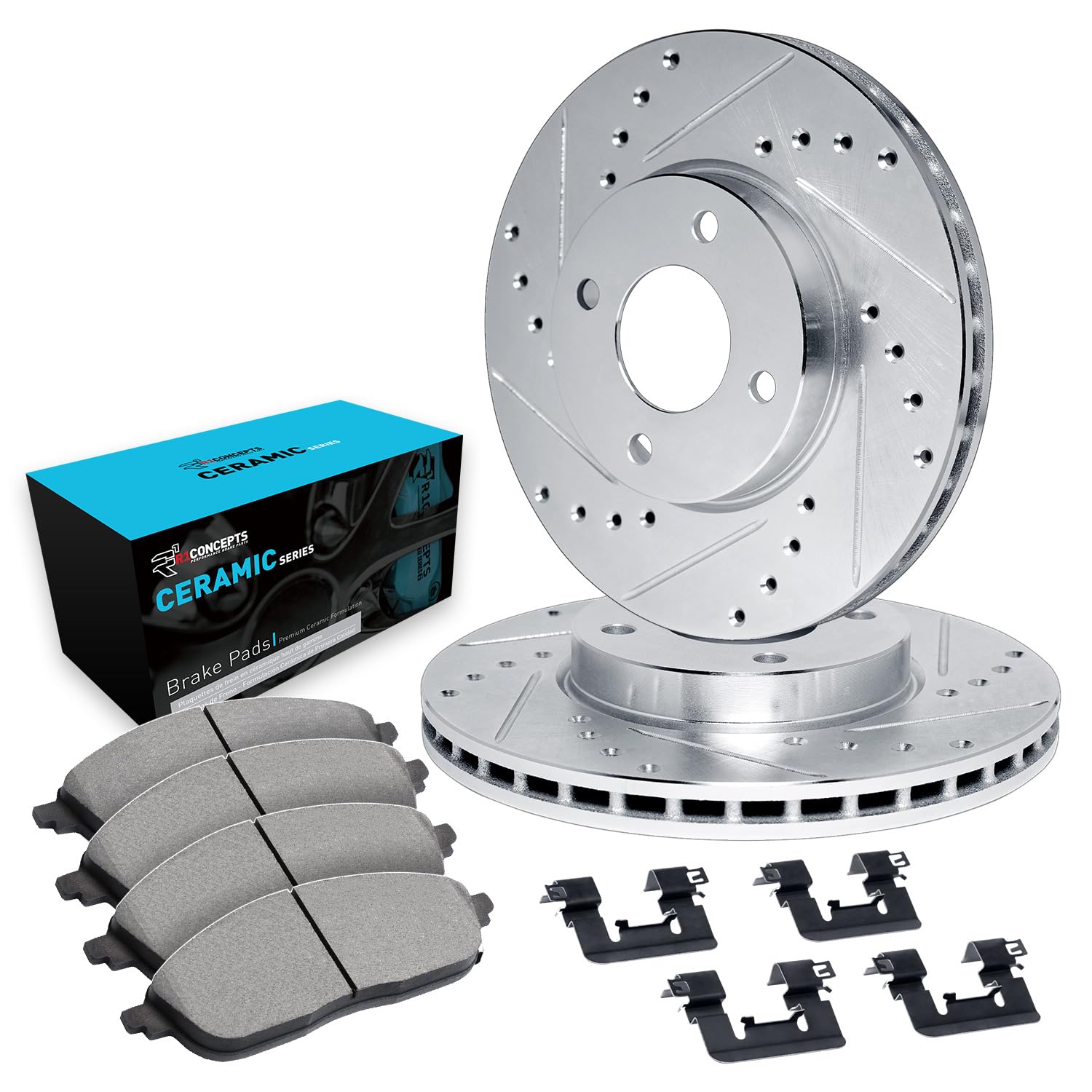 R1 Concepts Drilled and Slotted Silver Disc Brake Rotor Set with Ceramic Pads and Hardware WGWH1-32015
