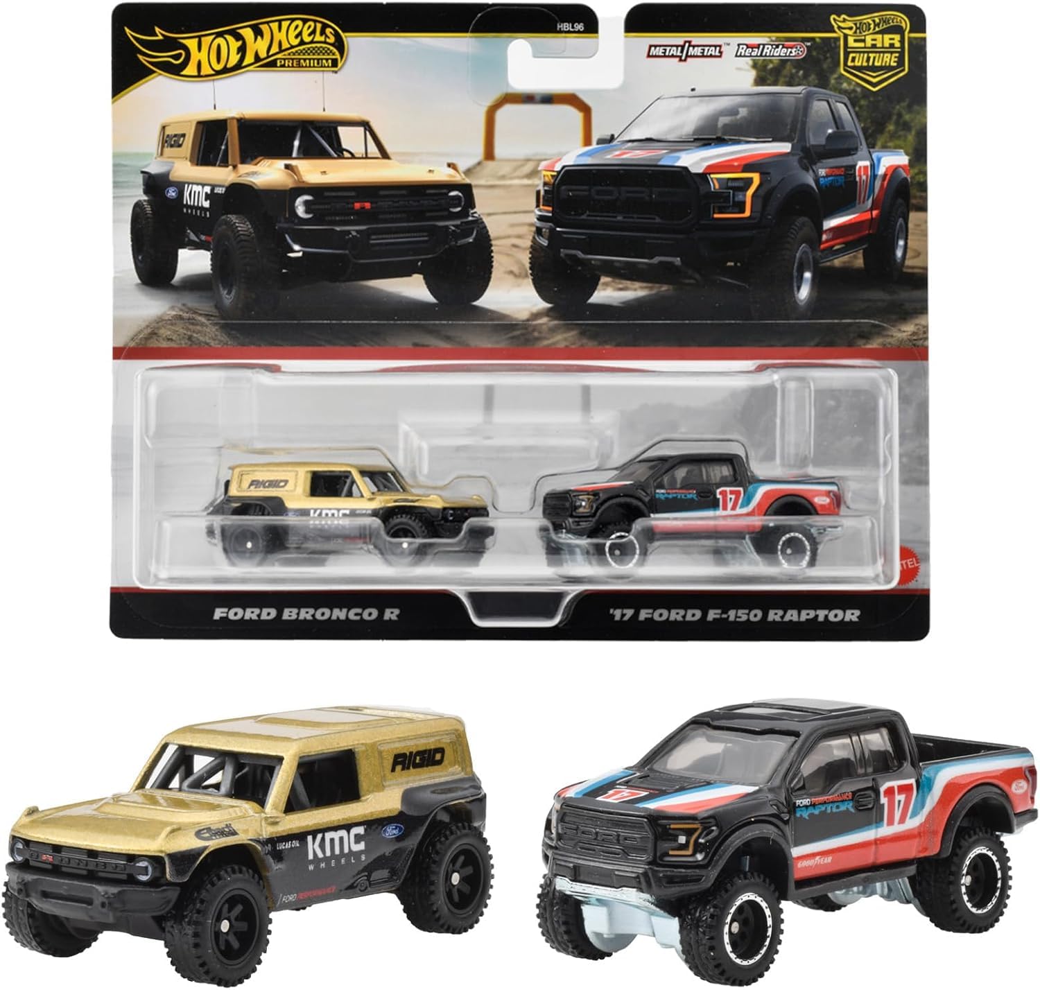 Ford Bronco R Gold Metallic and Black and 2017 Ford F-150 Raptor Pickup Truck #17 Black with Stripes Car Culture Set of 2 Cars Diecast Model Cars by Hot Wheels