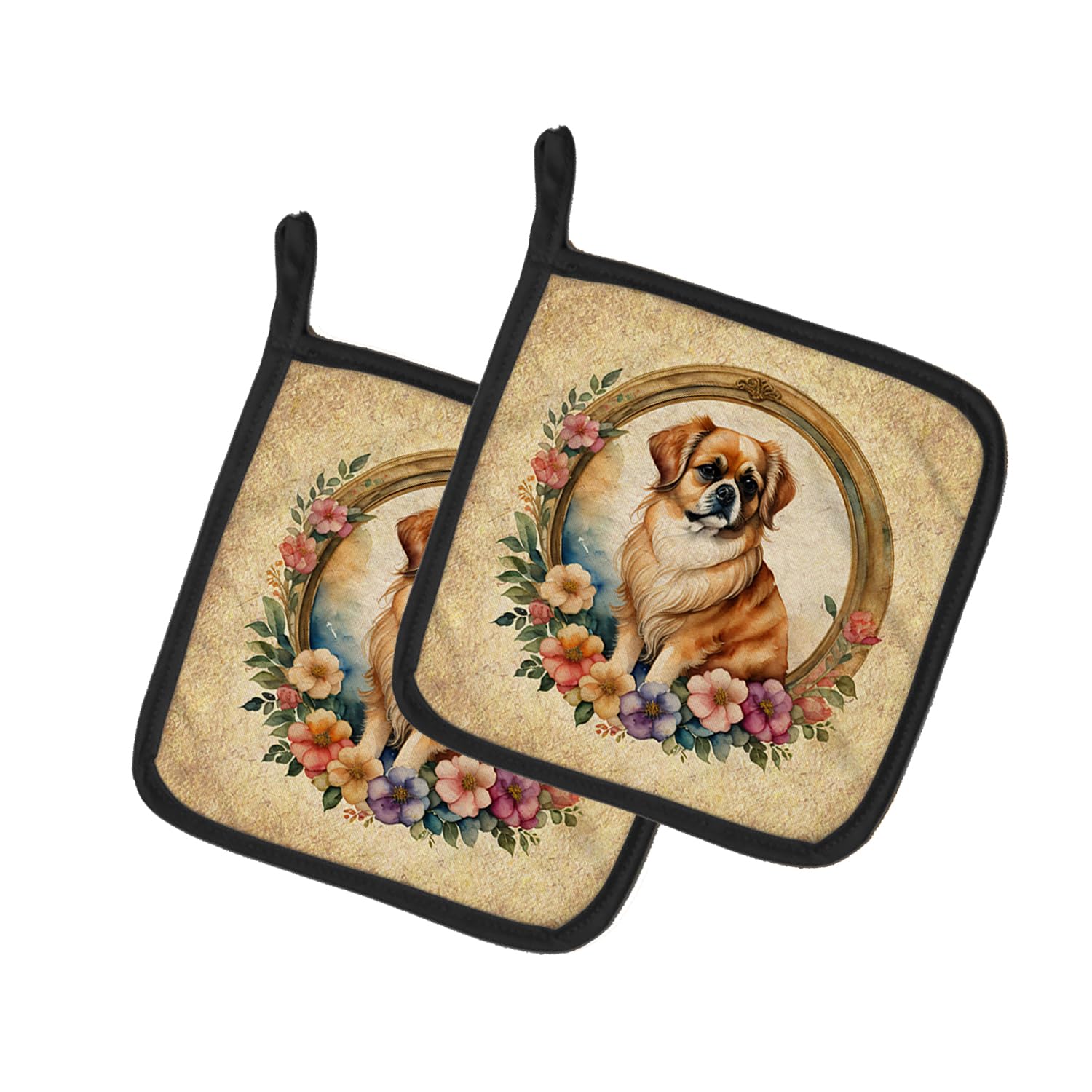Tibetan Spaniel and Flowers Pair of Pot Holders