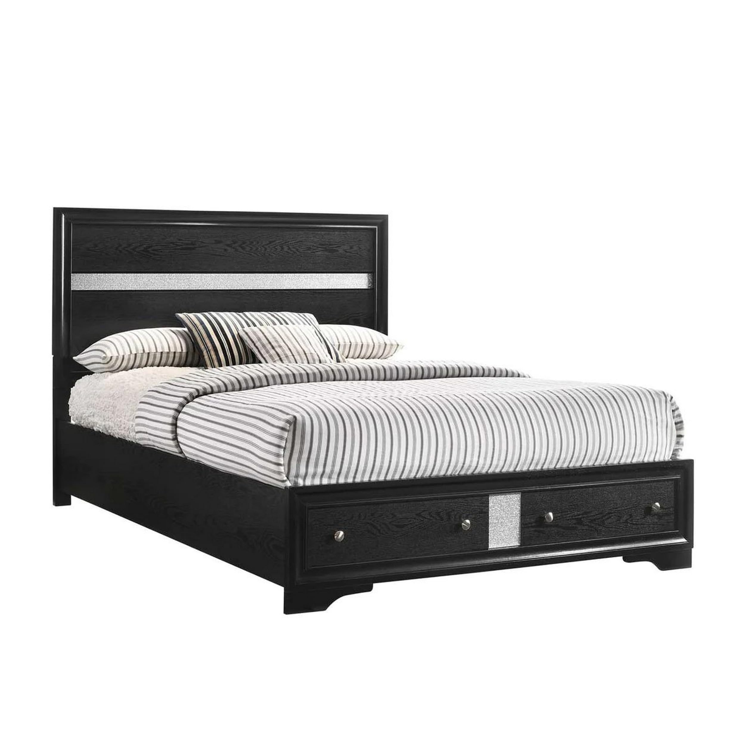 Regi Queen Bed, 2 Storage Drawers, Silver Striped Headboard, Black Wood