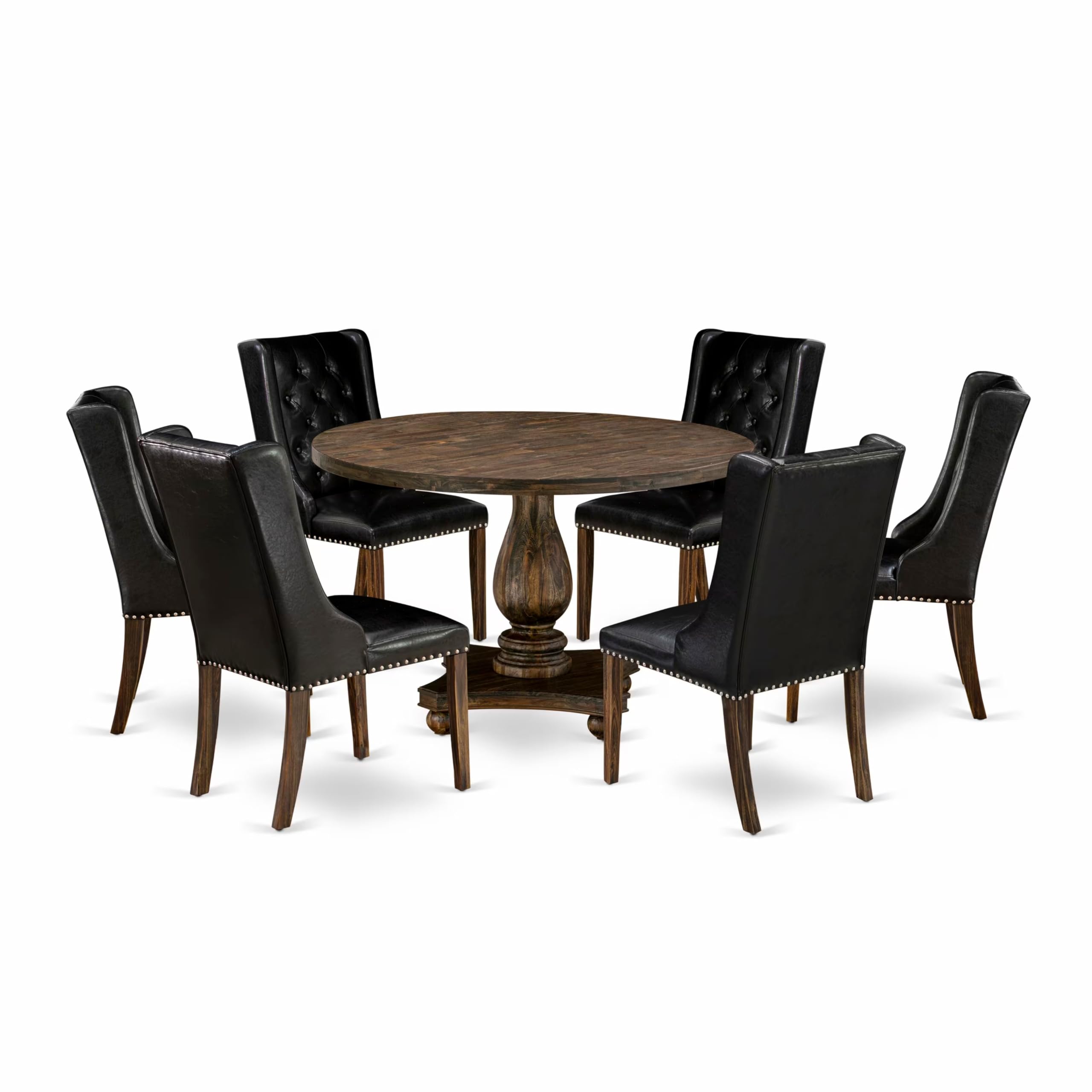 East West Furniture 7 Piece Dinette Set Contains a Dining Table and 6 Black PU Leather Mid Century Dining Chairs with Button Tufted Back - Distressed Jacobean Finish