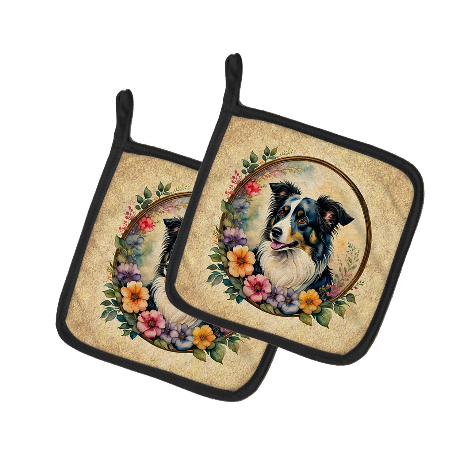 Border Collie and Flowers Pair of Pot Holders