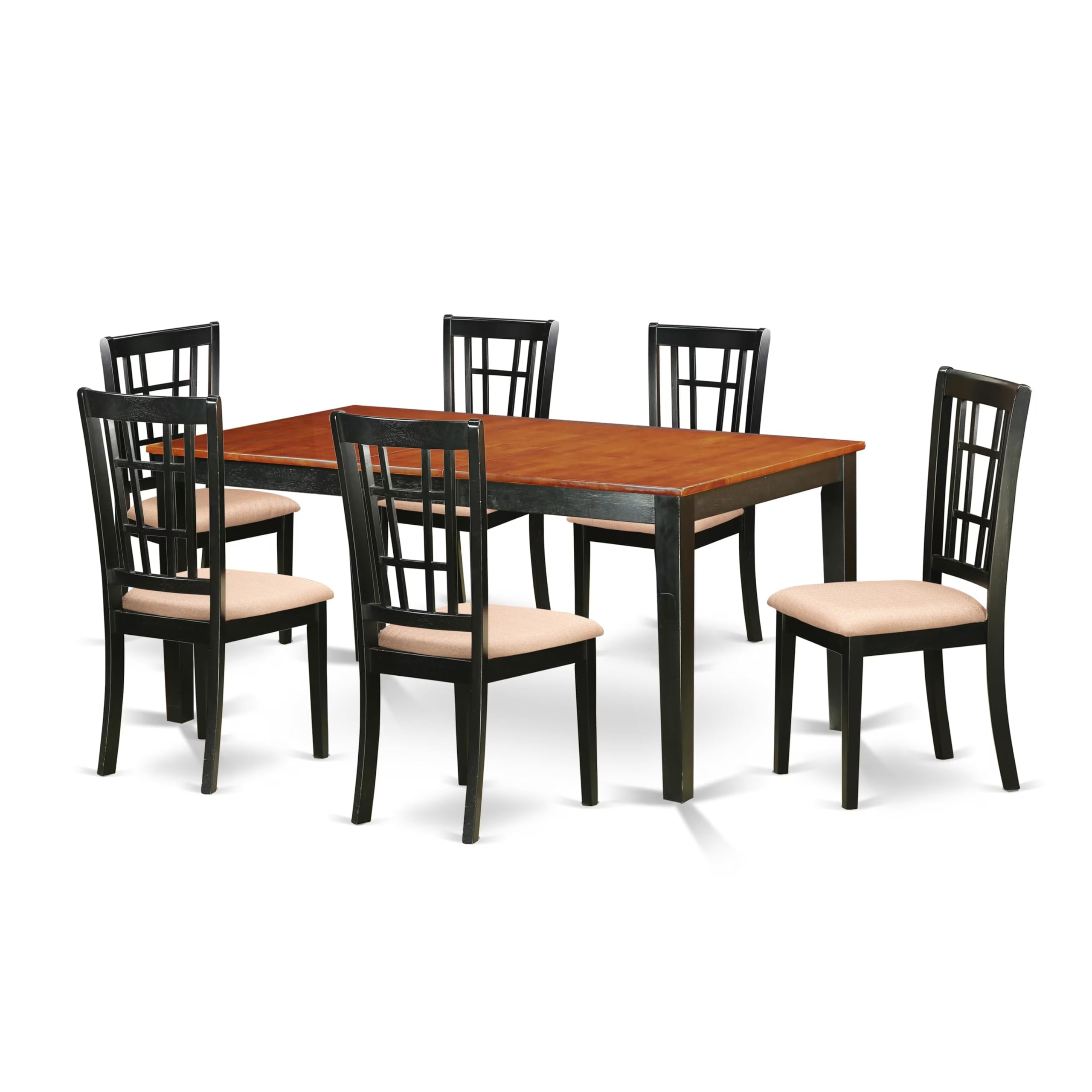East West Furniture Nico7-Blk-C 7 Piece Set Consist Of A Rectangle Dining Room Table With Butterfly Leaf And 6 Linen Fabric Upholstered Kitchen Chairs, 36X66 Inch, Black & Cherry